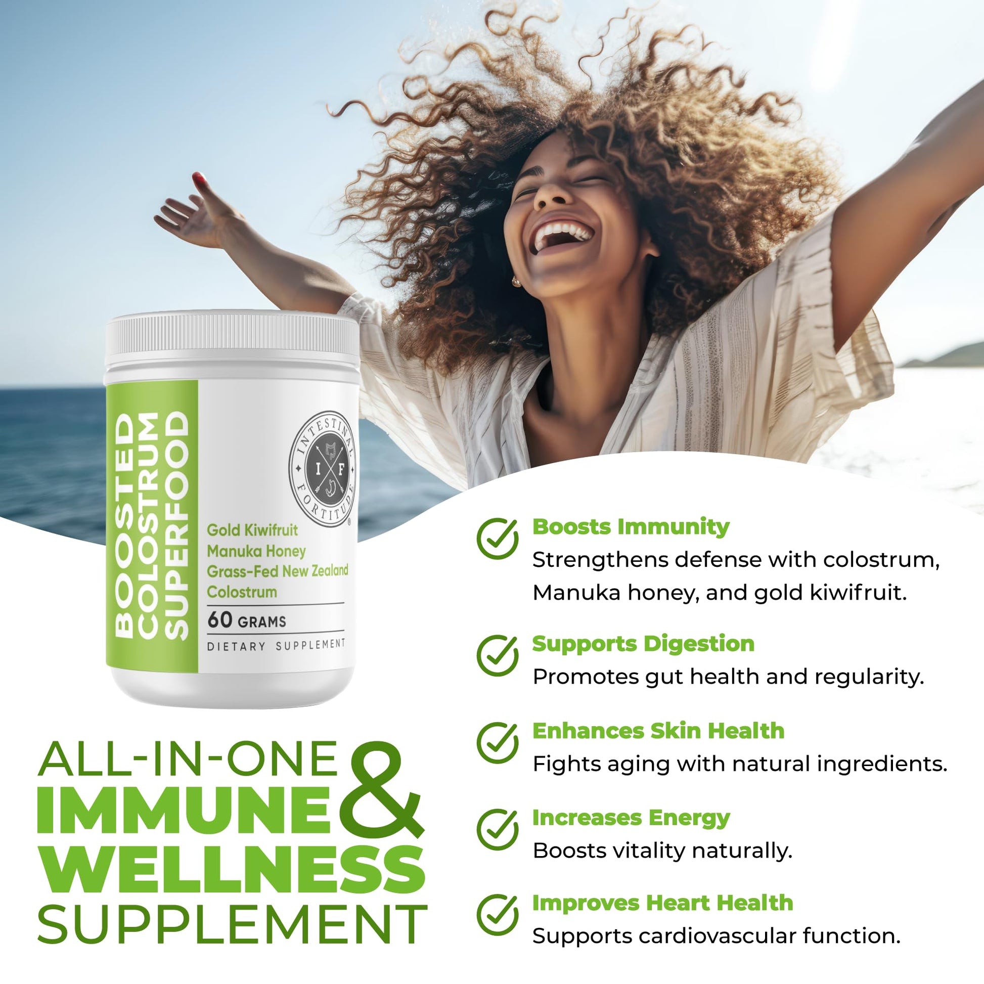 Intestinal Fortitude Boosted Colostrum Superfood Dietary Supplement: Grass-Fed New Zealand Bovine Colostrum, Gold Kiwifruit, Manuka Honey, for Digestion, Immune System, and Gut Health (60 Grams) Intestinal FortitudeAu supplements