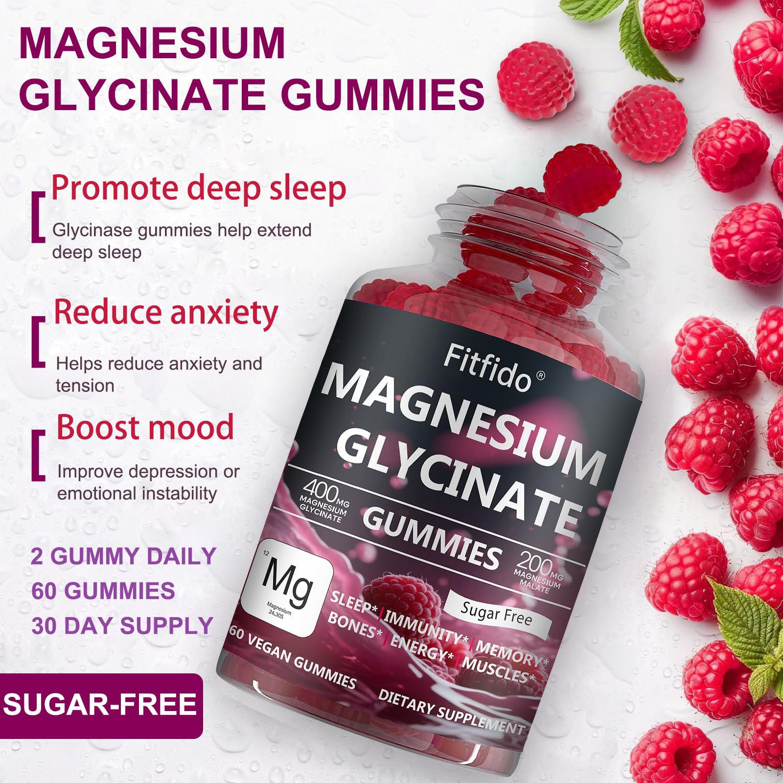 Magnesium Glycinate Gummies 400mg, Chewable Sugar Free Magnesium Supplement with Magnesium Glycinate, Magnesium Malate and Protein for Sleep, Relaxation, Brain & Muscle - Vegan (60 Count, Raspberry) FitfidoAu supplements