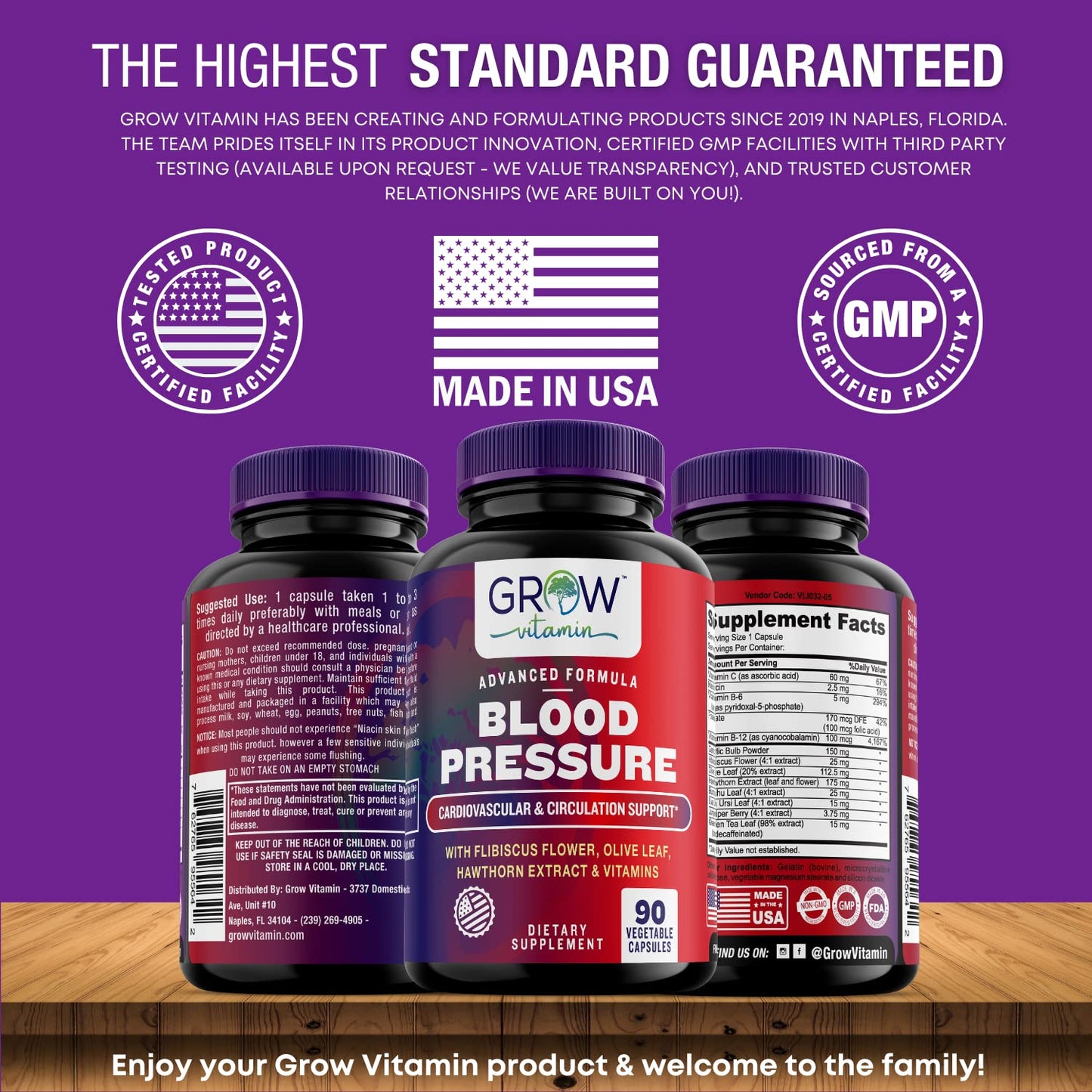 grow vitamin Blood Pressure Formula - Herbal Blend, Non-GMO, Gluten-Free - 90 Capsules grow vitaminUS supplements