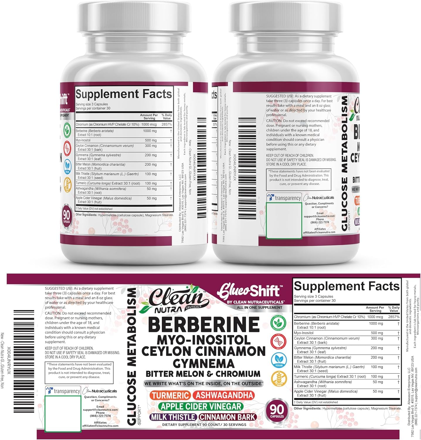 Clean Nutra Berberine Supplement Myo-Inositol Ceylon Cinnamon Gymnema Bitter Melon Chromium Complex for Digestion, Antioxidant Support & Wellness 90 Vegan Capsules Non-GMO Clean NutraceuticalsAu supplements