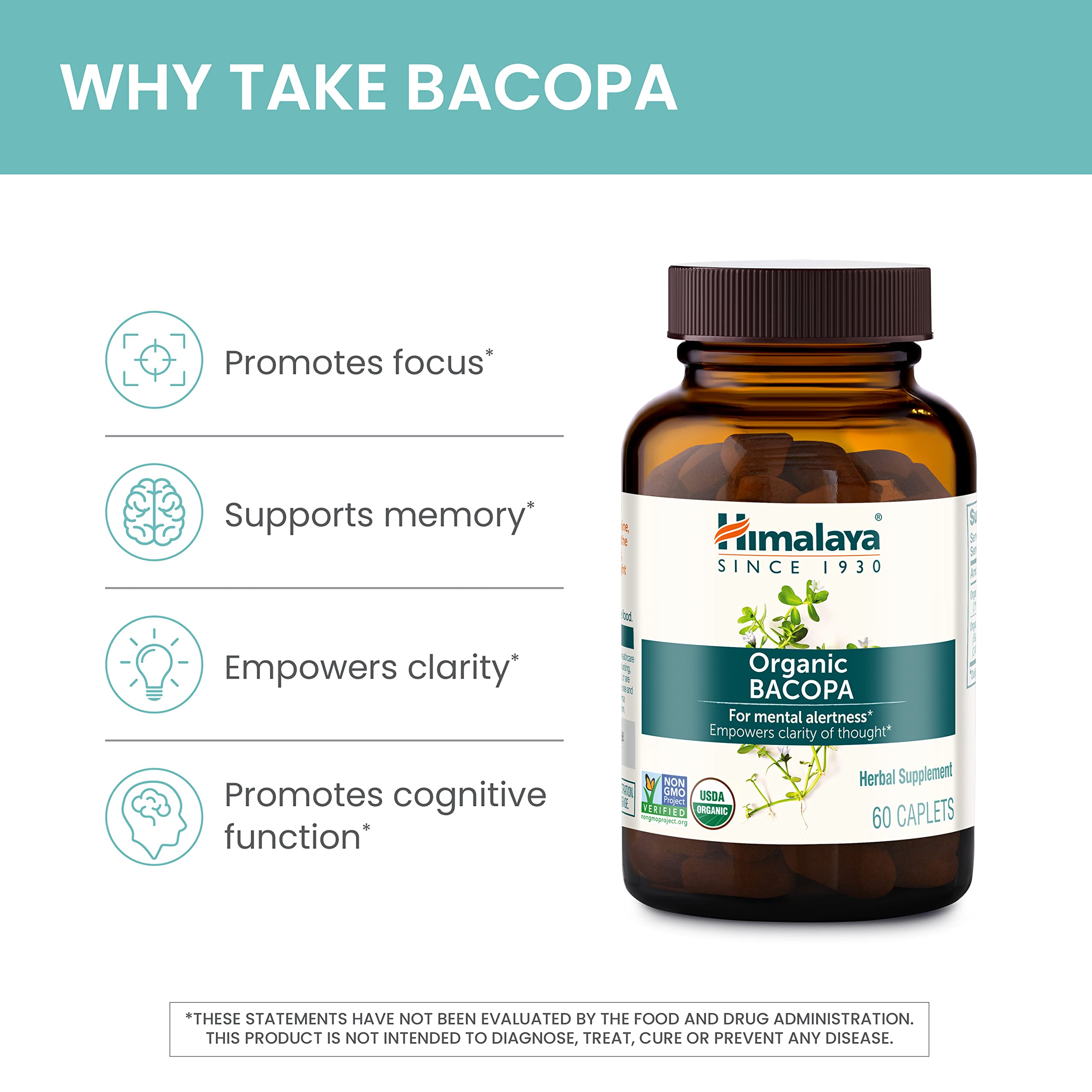 Himalaya Bacopa Monnieri Nootropic Herbal Supplement, Supports Calm, Memory, Cognition, USDA Certified Organic, Non-GMO, 750 mg, 60 Plant-Based Caplets, 60 Day Supply HimalayaAu supplements