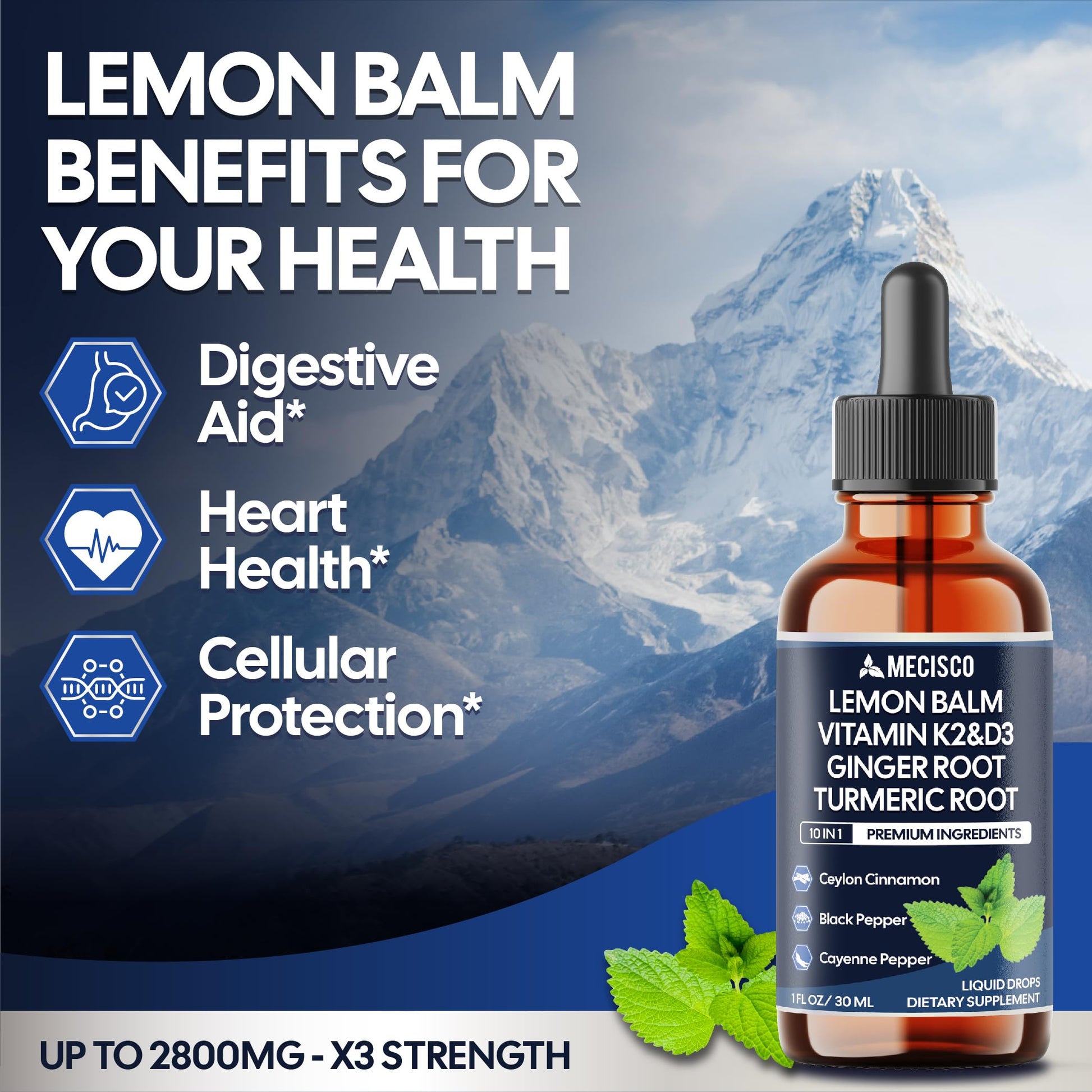 10in1 Lemon Balm Liquid Drops Blend Includes Vitamin D3, Vitamin K2, Lemon Balm, Ginger, Turmeric, Ceylon Cinnamon, Black Pepper, Cayenne Pepper, Berberine, Valerian Root - 1 FL Oz - 2 Month Supply MeciscoAu supplements