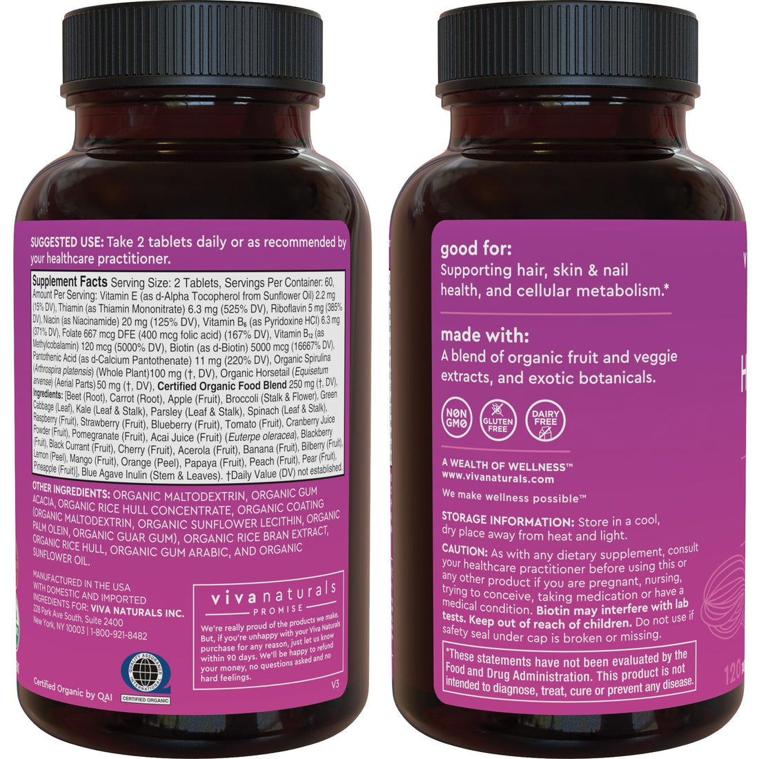 Biotin 5000 mcg Hair Skin Nails Vitamins for Women – Organic and Vegetarian-Friendly Supplement with Vitamin E, B-Vitamins, Spirulina Viva NaturalsUS supplements