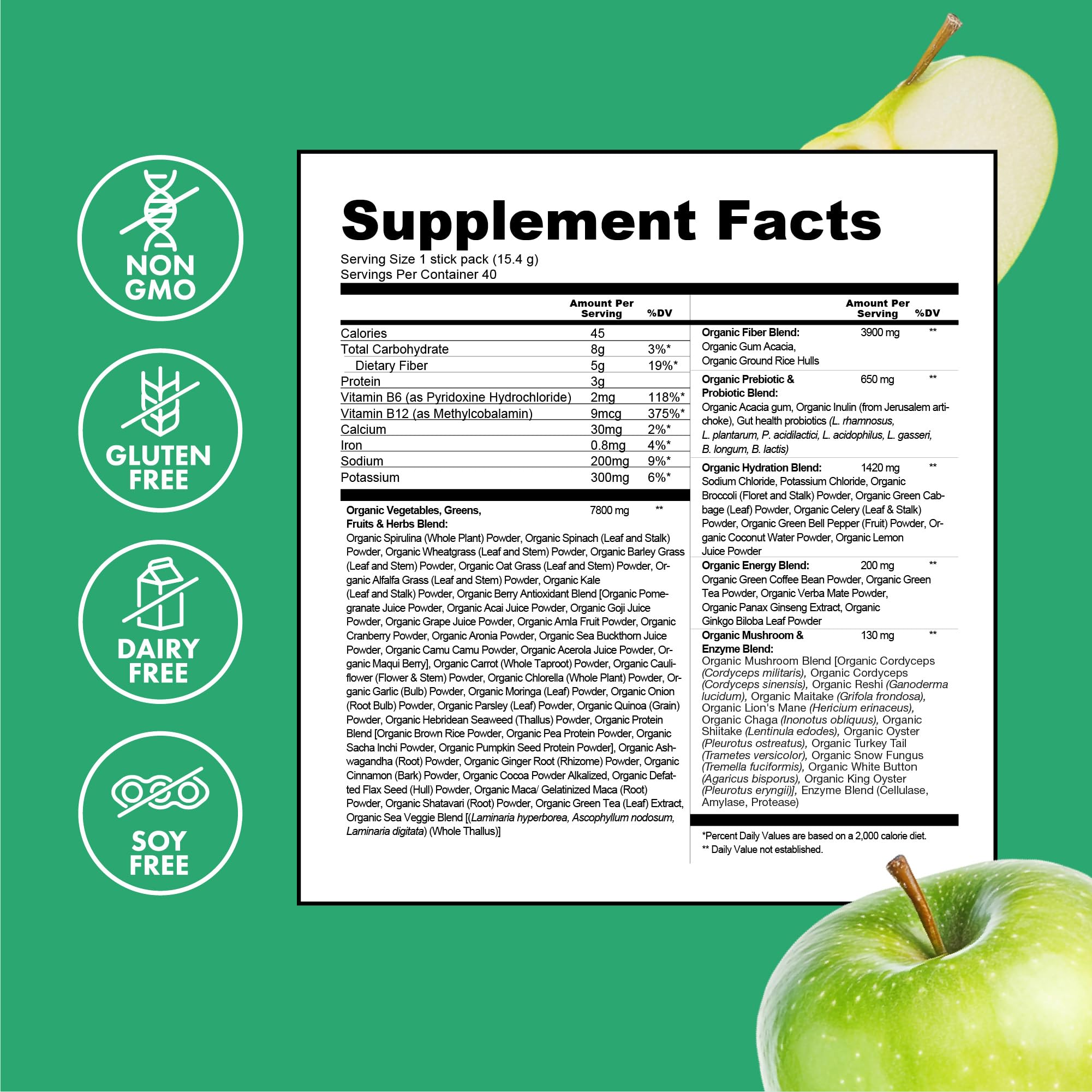 Zena Nutrition Organic Super Greens Energy & Hydration Powder, 70+ Superfoods, 0 Sugar, 5G Fiber, Spirulina, Chlorella, Prebiotics/Probiotics, Natural Caffeine + Electrolytes, 40 Drink Mix Packets Zena NutritionAu supplements