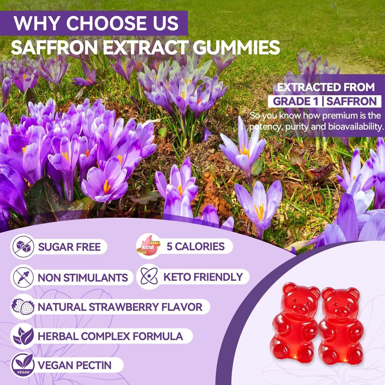 Crasye Saffron Gummies for Kids 100% Pure Organic Saffron Extract Sugar Free Saffron Supplements Gummy for Children Calm Mood & Focus - 60 Gummies CrasyeAu supplements