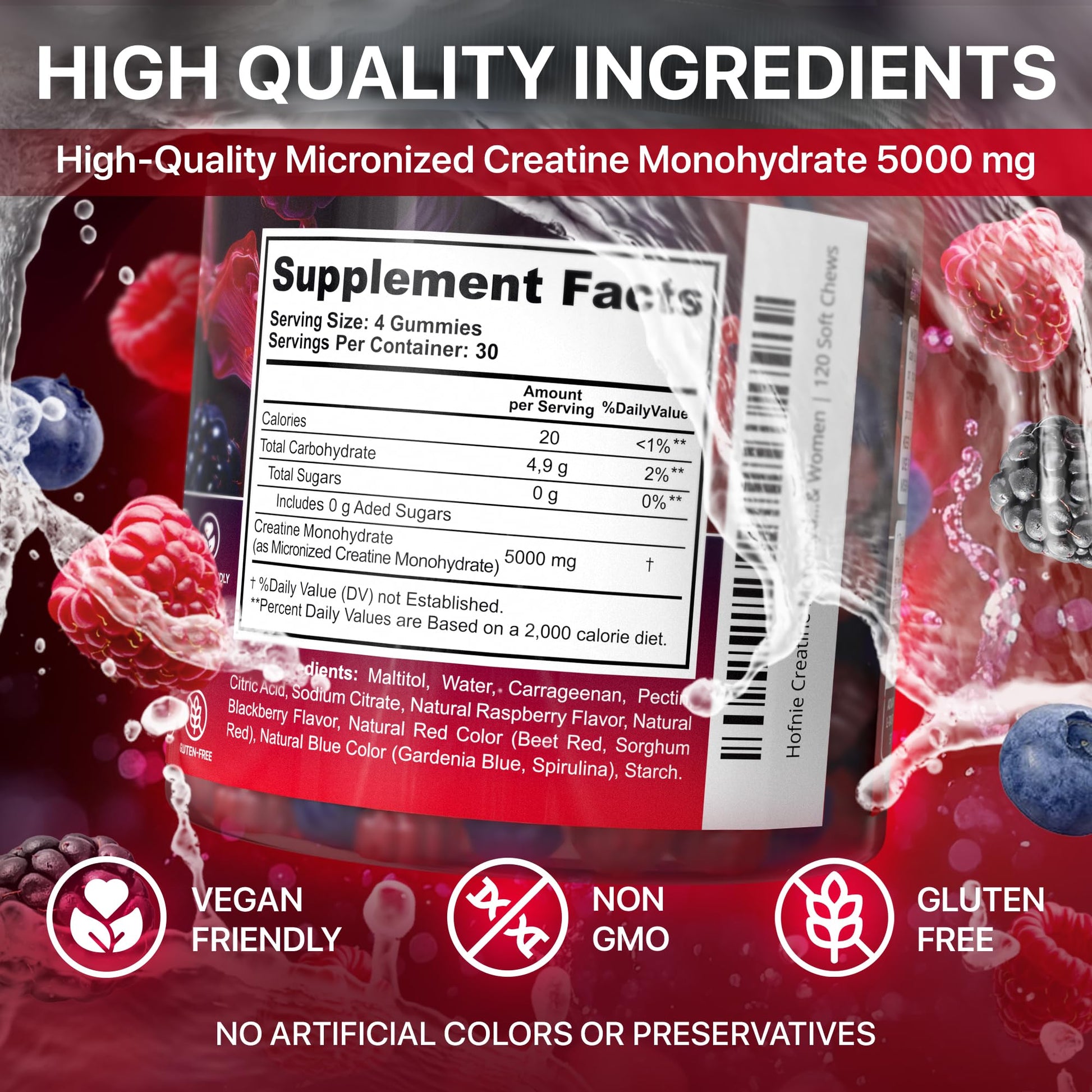 Hofnie Creatine Monohydrate Gummies 5000 mg – Vegan, Sugar-Free Pre Workout Creatine for Men & Women – Raspberry & BlackBerry Flavored Chewable Creatine Monohydrate, 120 Gummies (30-Day Supply) HofnieAu supplements