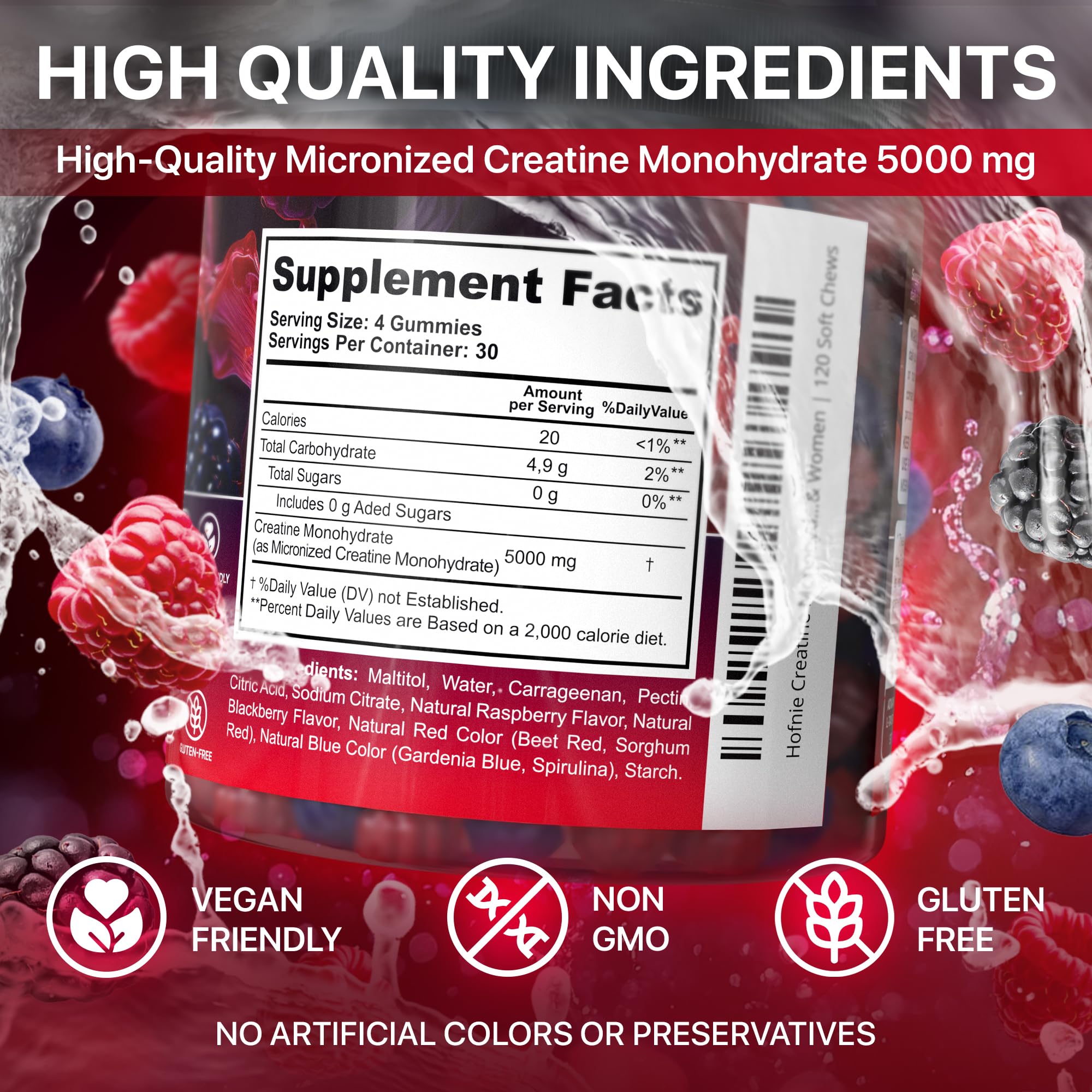 Hofnie Creatine Monohydrate Gummies 5000 mg – Vegan, Sugar-Free Pre Workout Creatine for Men & Women – Raspberry & BlackBerry Flavored Chewable Creatine Monohydrate, 120 Gummies (30-Day Supply) HofnieAu supplements