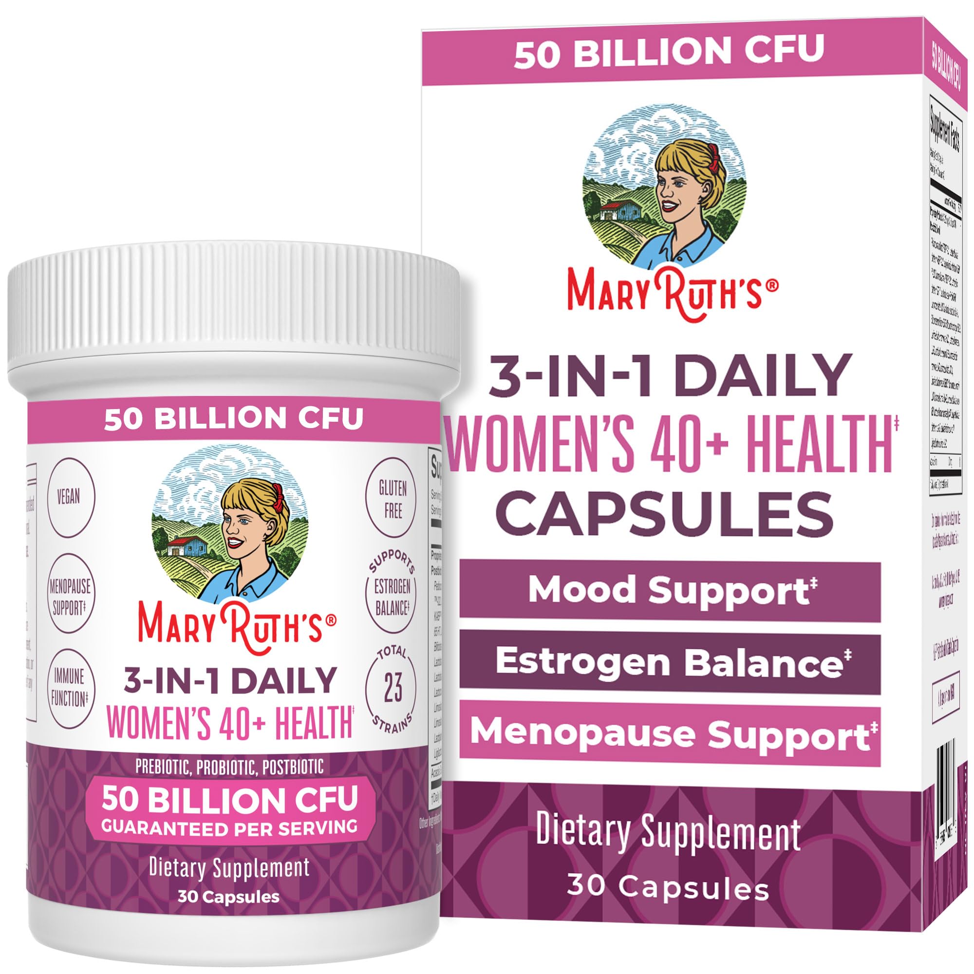 MaryRuth's 3-in-1 Daily Health 40+ Probiotics for Women | Hormonal & Menopause Support Supplement for Women | Gut Health Capsules | 50 Billion CFU | Allergen Free | 30 Ct MARYRUTH'SAu supplements