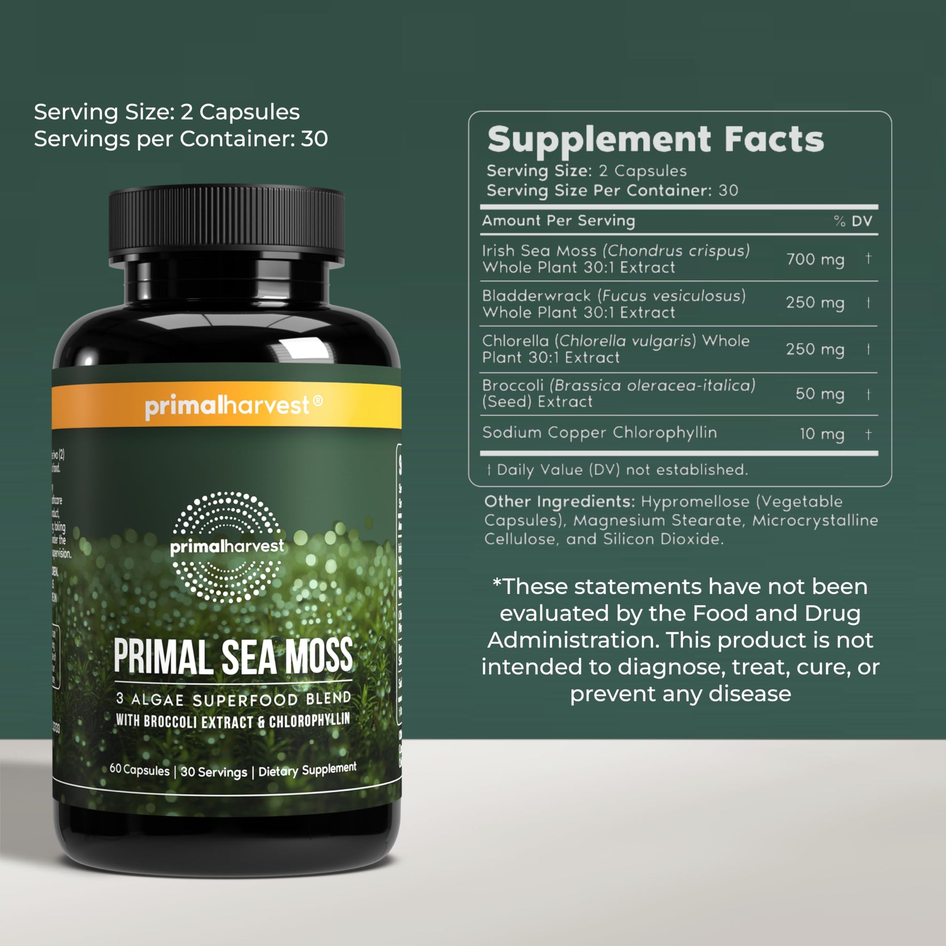 Primal Harvest Sea Moss Capsules with Bladderwack and Irish Sea Moss, Chlorella, Broccoli Seed Extract Plant-Based Supplements for Adults Primal HarvestAu supplements