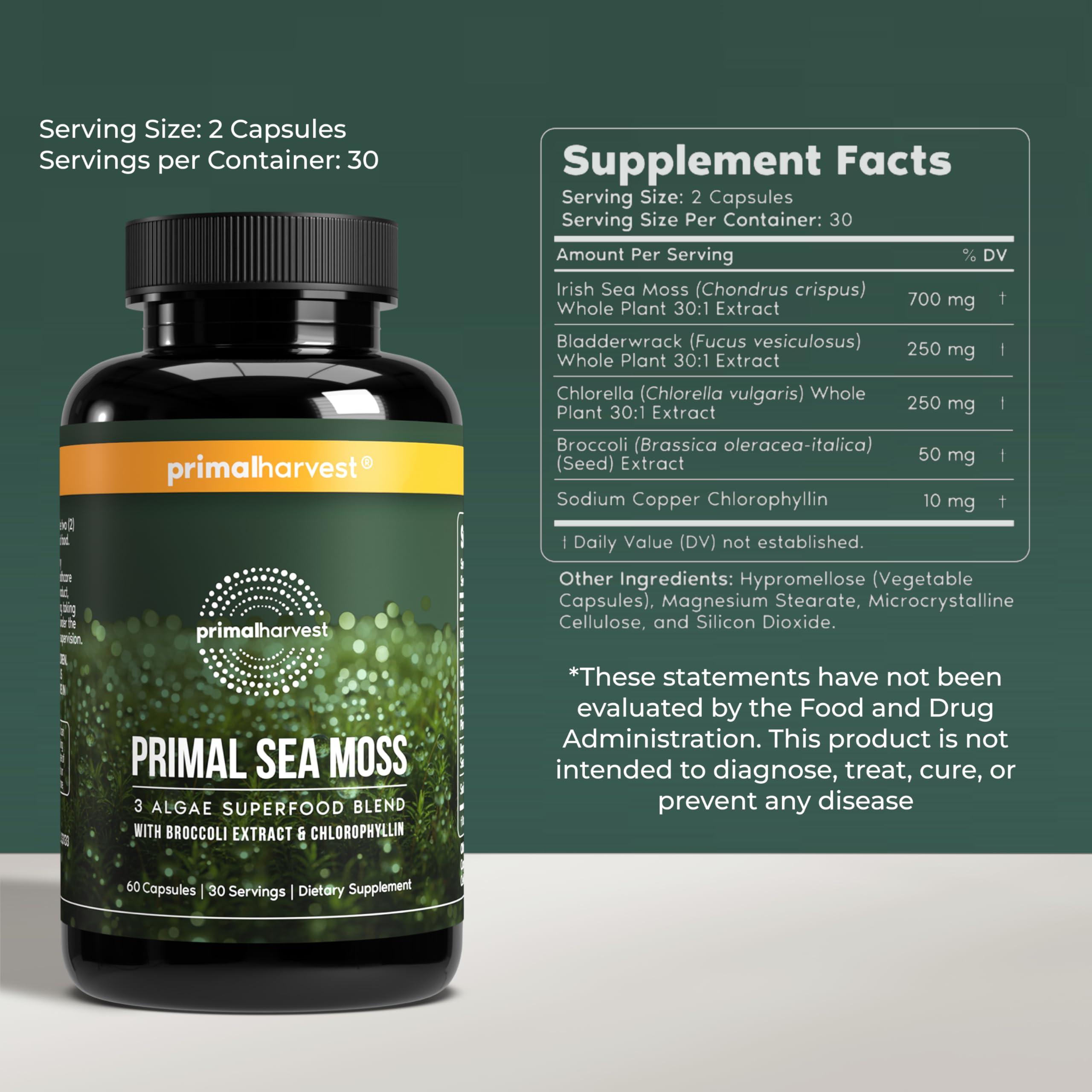 Primal Harvest Sea Moss Capsules with Bladderwack and Irish Sea Moss, Chlorella, Broccoli Seed Extract Plant-Based Supplements for Adults Primal HarvestAu supplements