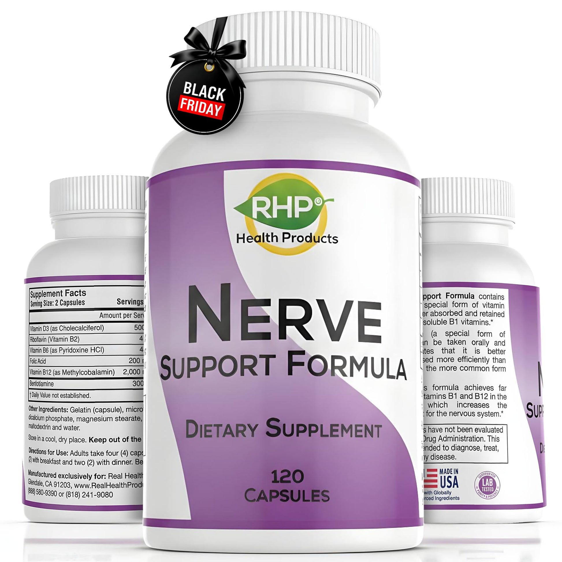 RHP Nerve Support Formula. Nutritional Support of Neuropathy, Nerve Relief from Aches, Nerve Pain & Discomfort. B-Complex with Benfotiamine and Methyl B12. 120 Capsules RHPAu supplements
