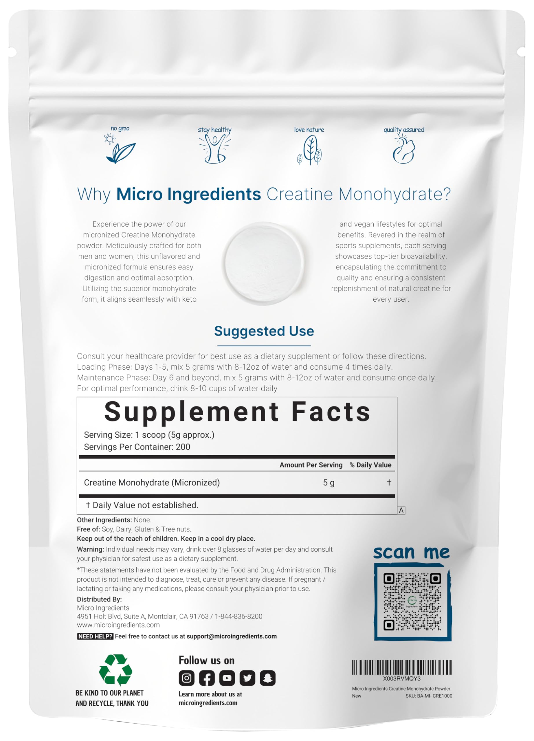 Creatine Monohydrate Powder 1 kg (2.2 Lbs), 5000mg Per Serv, Micronized Creatine Powder, Unflavored, Pure, No Filler, Keto & Vegan Friendly, Easy Dissolve Pre Workout Creatine for Women and Men Micro IngredientsAu supplements
