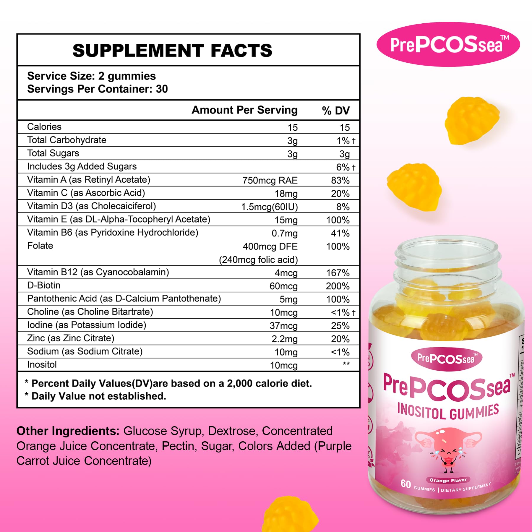 Feelherbs PrePCOSsea Inositol Gummies Vitamins, 2 Pack Orange Flavor Myo-Inositol Vitamin Gummies with Folate, B6, B12 & D-Biotin, 60 Count Soft Chews FeelherbsAu supplements