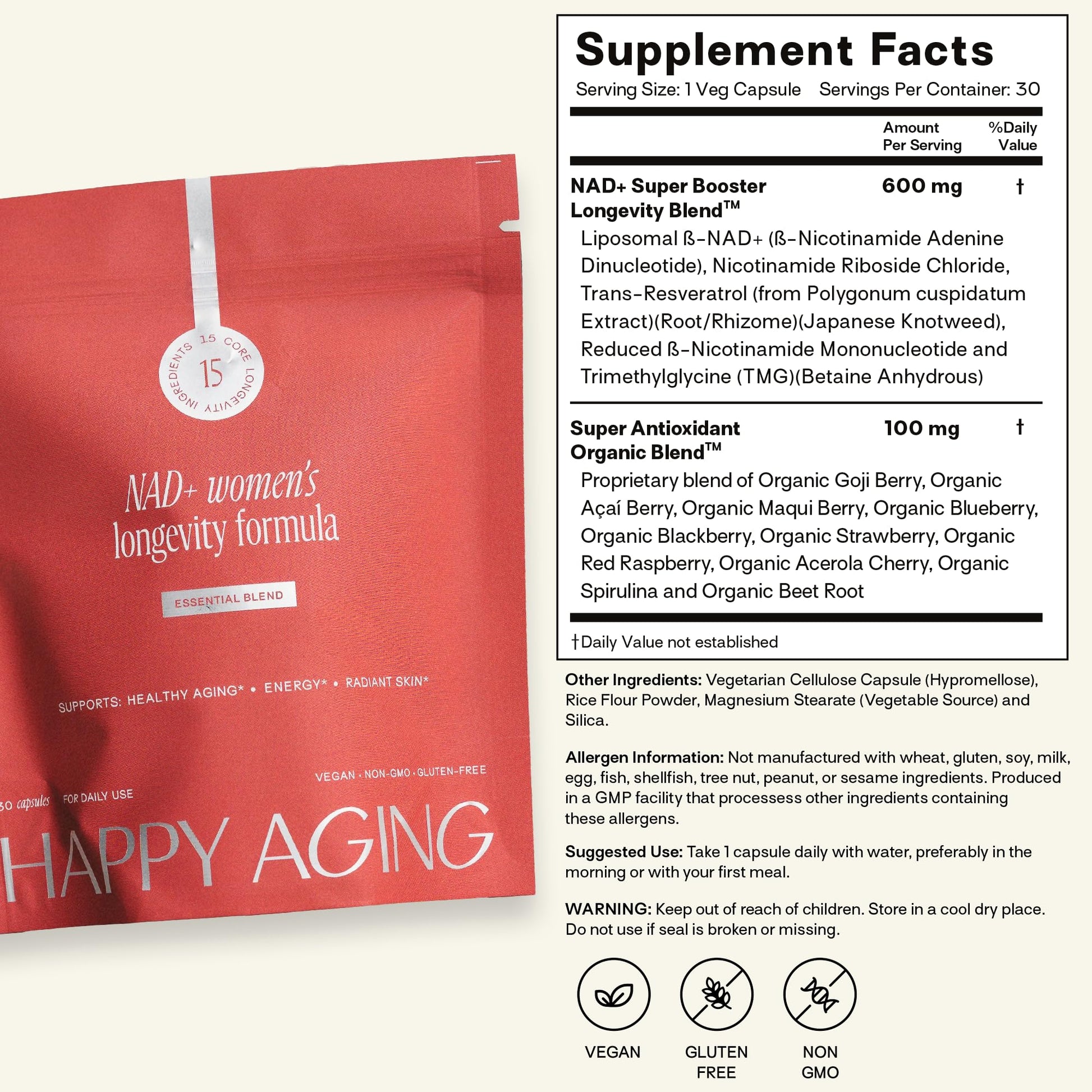 Happy Aging Essential Longevity Formula, NAD+ Super Booster with NR, NMNH & Liposomal β-NAD+, Organic Antioxidant Superfruit Blend for Cellular Energy, Skin Hydration & Daily Vitality, 30 Capsules Happy AgingAu supplements