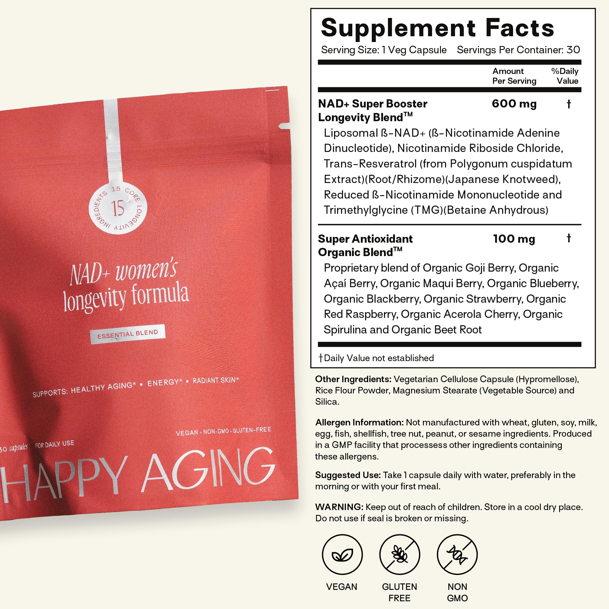 Happy Aging Essential Longevity Formula, NAD+ Super Booster with NR, NMNH & Liposomal β-NAD+, Organic Antioxidant Superfruit Blend for Cellular Energy, Skin Hydration & Daily Vitality, 30 Capsules Happy AgingAu supplements