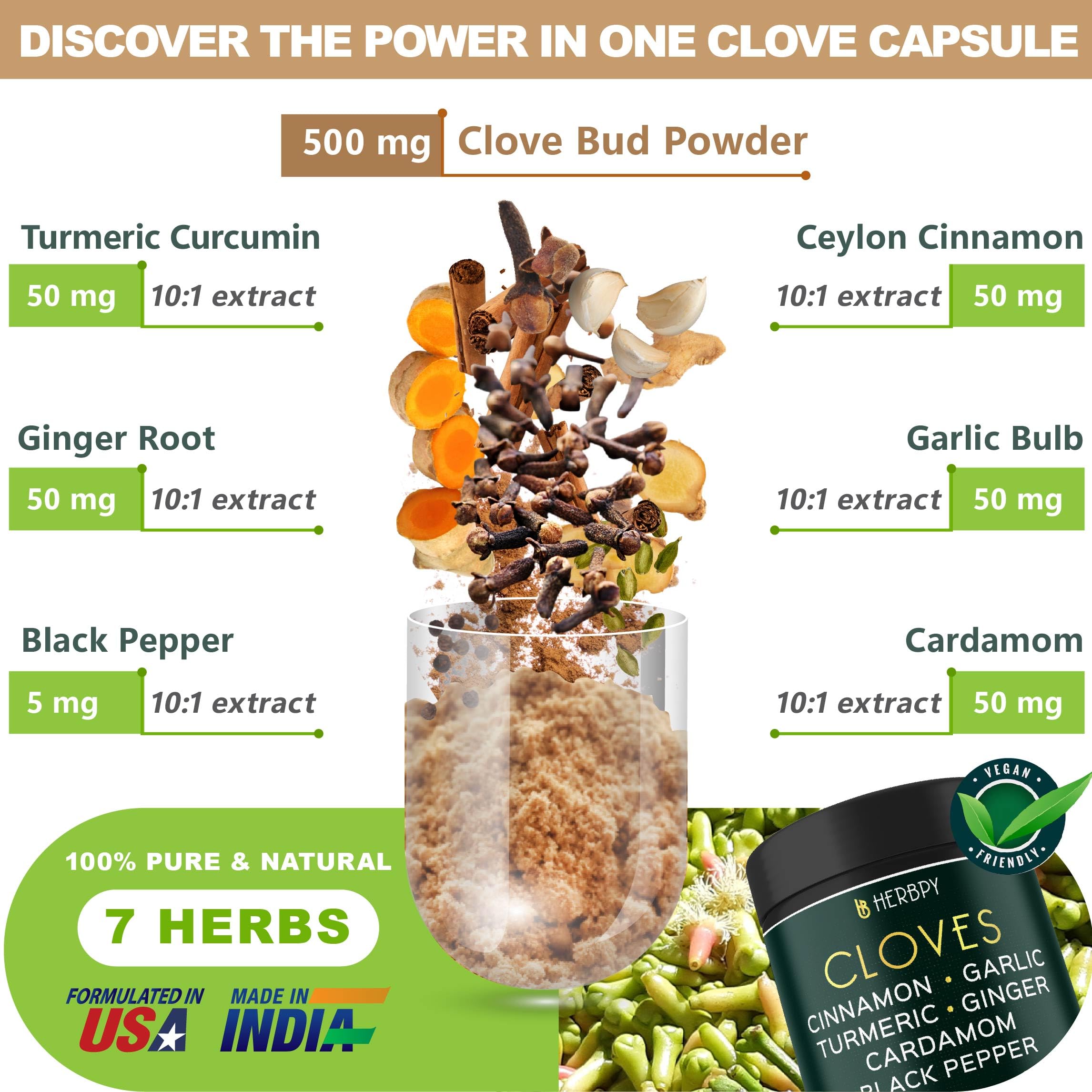 Herbpy 7in1 Clove Supplement Rich in Vitamins & Minerals Supports Digestion, Immune & Heart Health with Cinnamon, Turmeric, Ginger, Cardamom, Garlic & Black Pepper - 100 Vegan Capsules HerbpyAu supplements