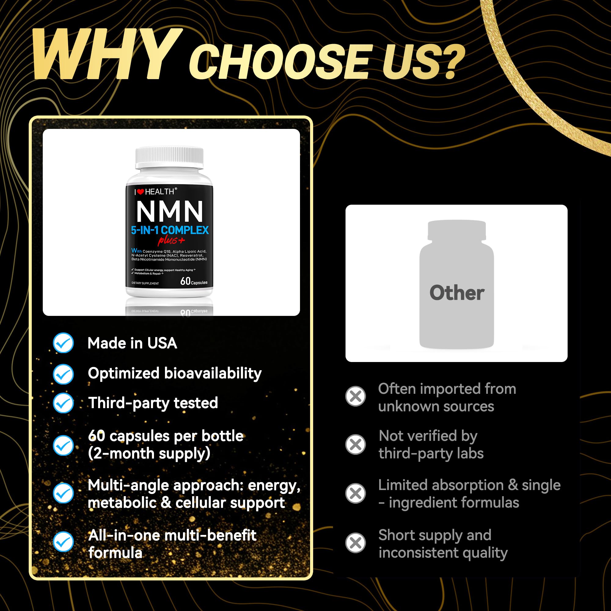 I LOVE HEALTH NMN Complex Plus+ for Women & Men with NAC, Alpha Lipoic Acid, CoQ10 & Resveratrol – 5-in-1 Cellular Energy & Healthy Aging Support – 60 Capsules, Non-GMO, Made in USA I LOVE HEALTHAu supplements
