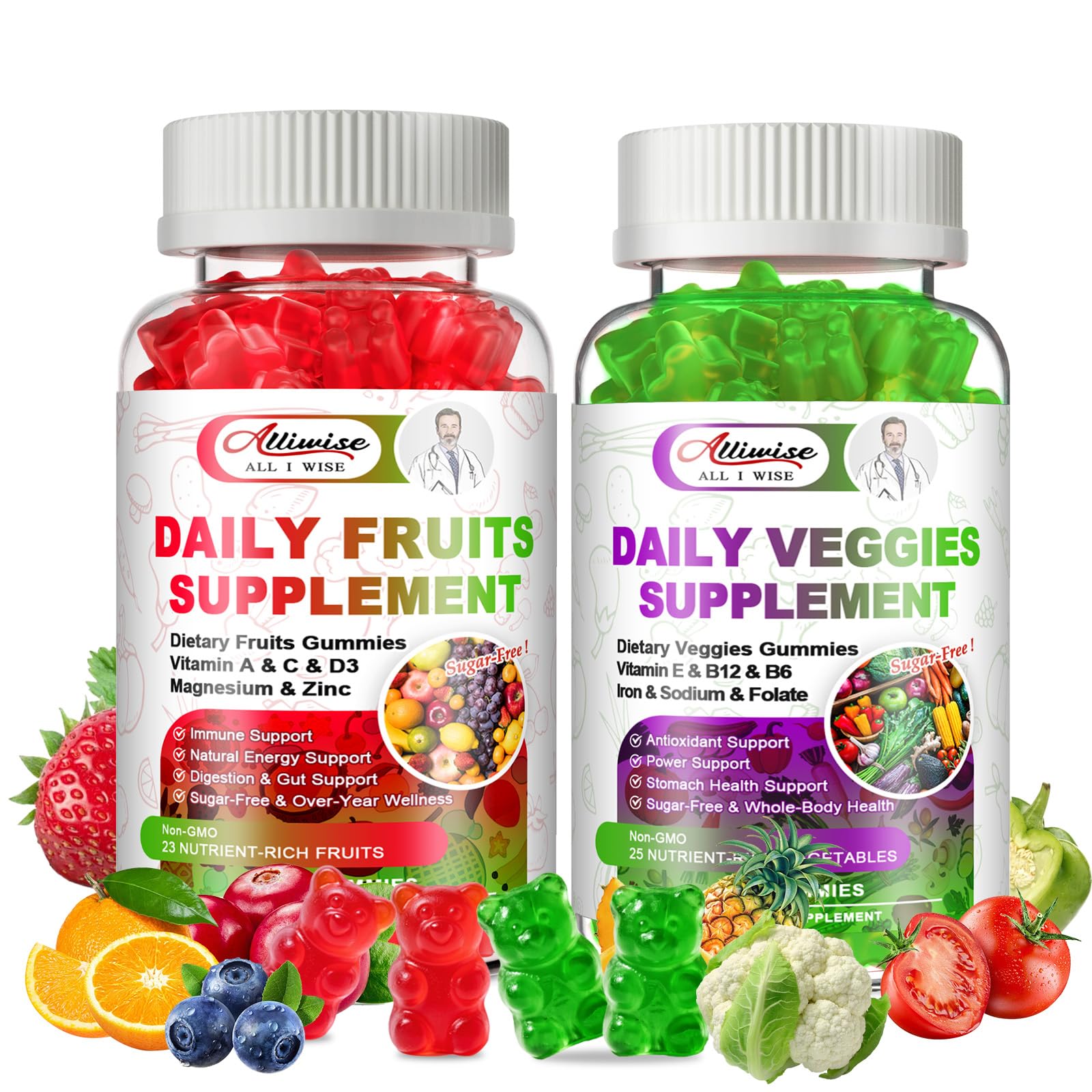 Sugar-Free Fruits & Veggies Gummies, Super Greens with 23 Fruits & 25 Veggies, Multivitamin Minerals & Fiber, Vegan Fruit & Vegetable Supplement for Adults, 120 Gummies, 2 Month Supply AlliwiseAu supplements