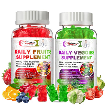 Sugar-Free Fruits & Veggies Gummies, Super Greens with 23 Fruits & 25 Veggies, Multivitamin Minerals & Fiber, Vegan Fruit & Vegetable Supplement for Adults, 120 Gummies, 2 Month Supply AlliwiseAu supplements