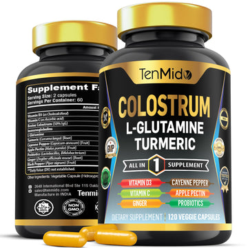 Tenmido Colostrum Supplement - 10in1 Formula - Combine with L- Glutamine, Turmeric, Cayenne Pepper, Apple Pectin, Probiotics, Ginger, and More - Digestive Health, Immune Support - 120 Capsules TenmidoAu supplements