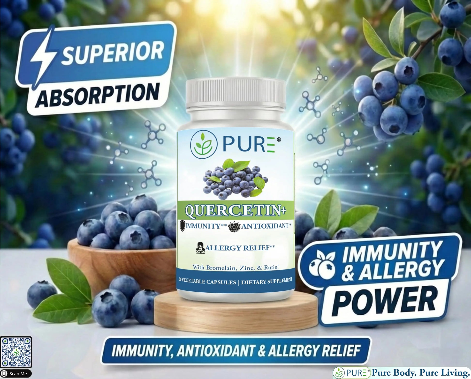 PURE® Quercetin+ with Zinc, Bromelain, Rutin Immune Shield - 60 Capsules - High Bioavailability Antioxidant Complex for Respiratory Health & Viral Defense - Made in USA PUREnz supplements