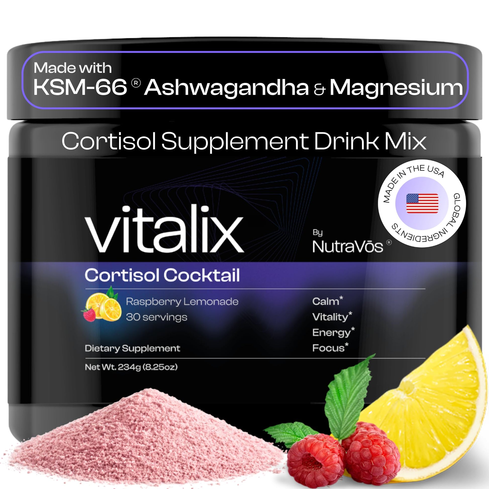 NutraVōs Vitalix – Cortisol Reducer & Adaptogen Drink Mix with Ashwagandha KSM 66, Magnesium Glycinate 200mg, L-Theanine 200mg, Vitamin C 500mg & Electrolytes – Raspberry Lemonade – 30 Servings NutraVōsAu supplements