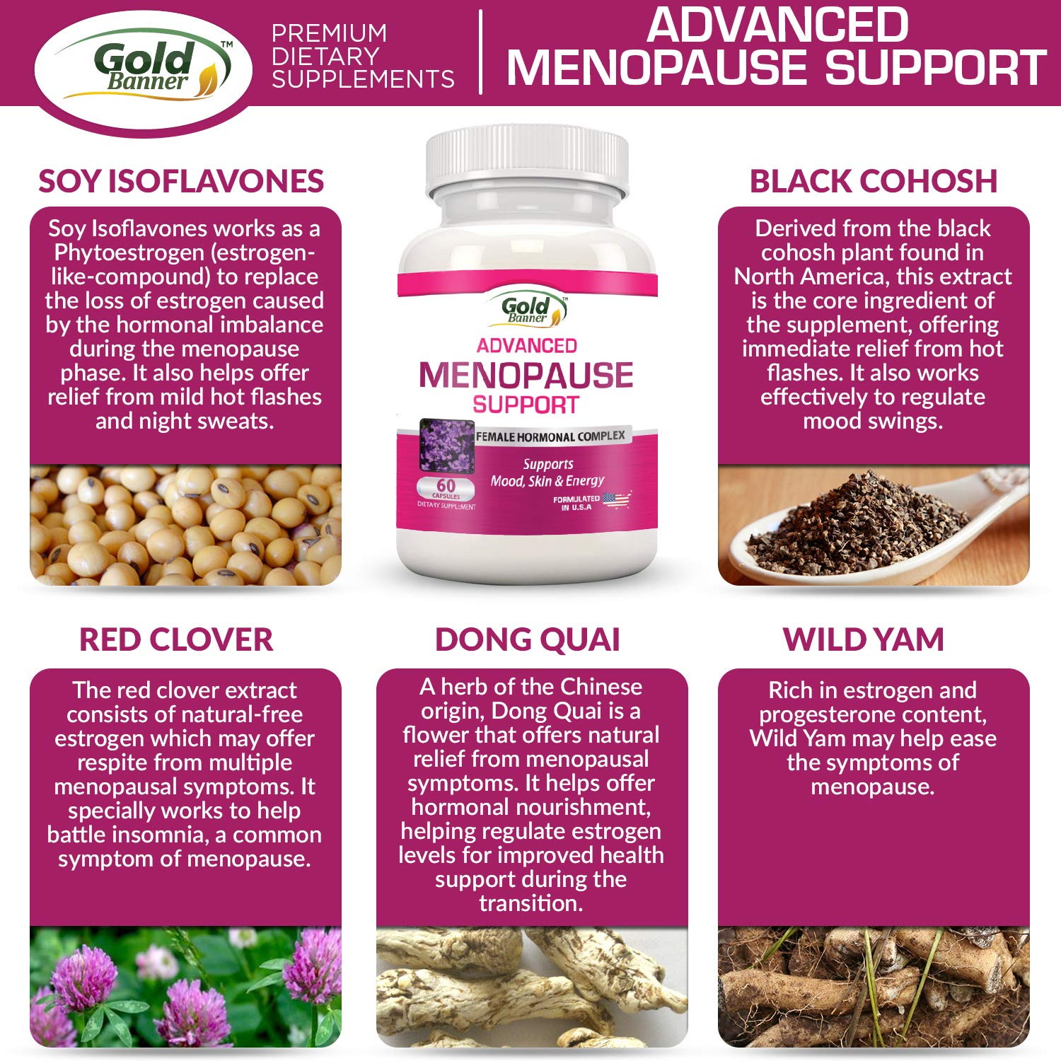 Advanced Menopause Support - Natural Female Hormonal Complex for Hot Flashes, Mood Swings & Vaginal Dryness - Black Cohosh, Soy Isoflavones & Herbal Extract Formula - Does Not Include Hormones Gold BannerAu supplements