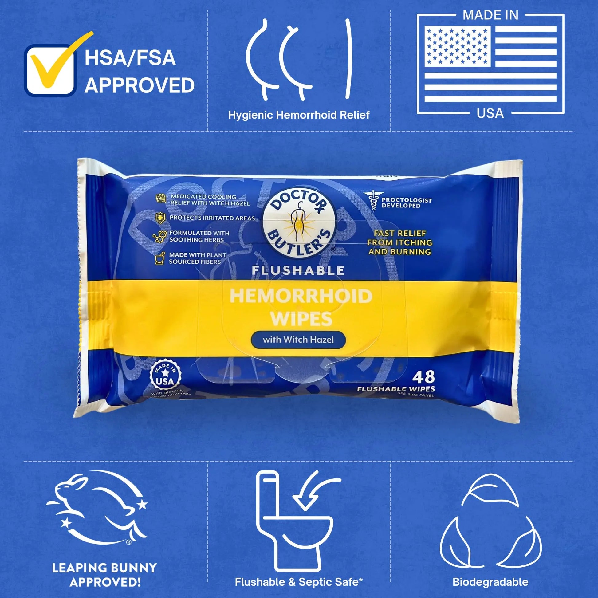 Doctor Butler's Flushable Hemorrhoid Wipes – Flushable Wipes with Witch Hazel to Soothe and Bring Relief from Discomfort Associated with Hemorrhoids (48 Wipes) Doctor Butler'sAu supplements