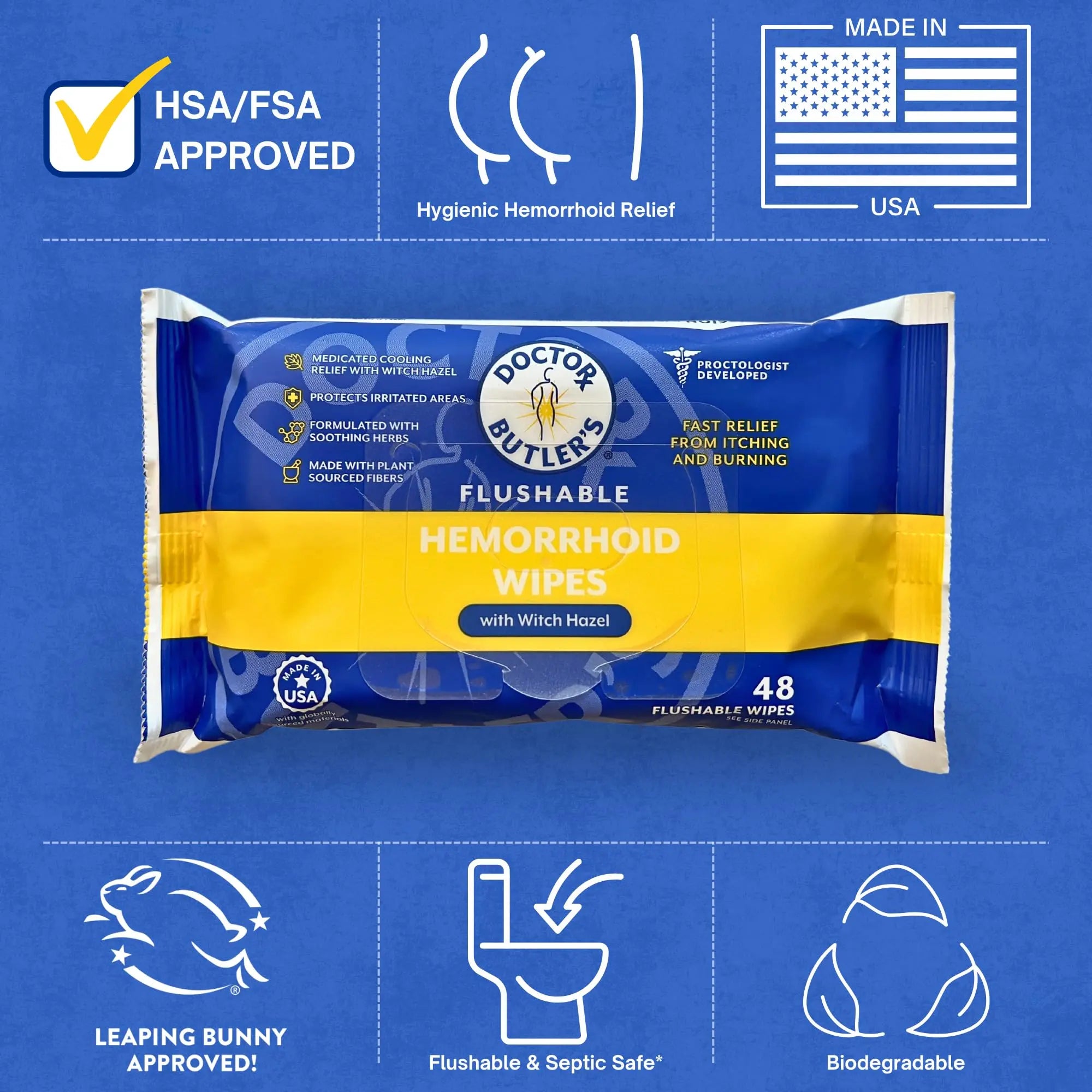 Doctor Butler's Flushable Hemorrhoid Wipes – Flushable Wipes with Witch Hazel to Soothe and Bring Relief from Discomfort Associated with Hemorrhoids (48 Wipes) Doctor Butler'sAu supplements