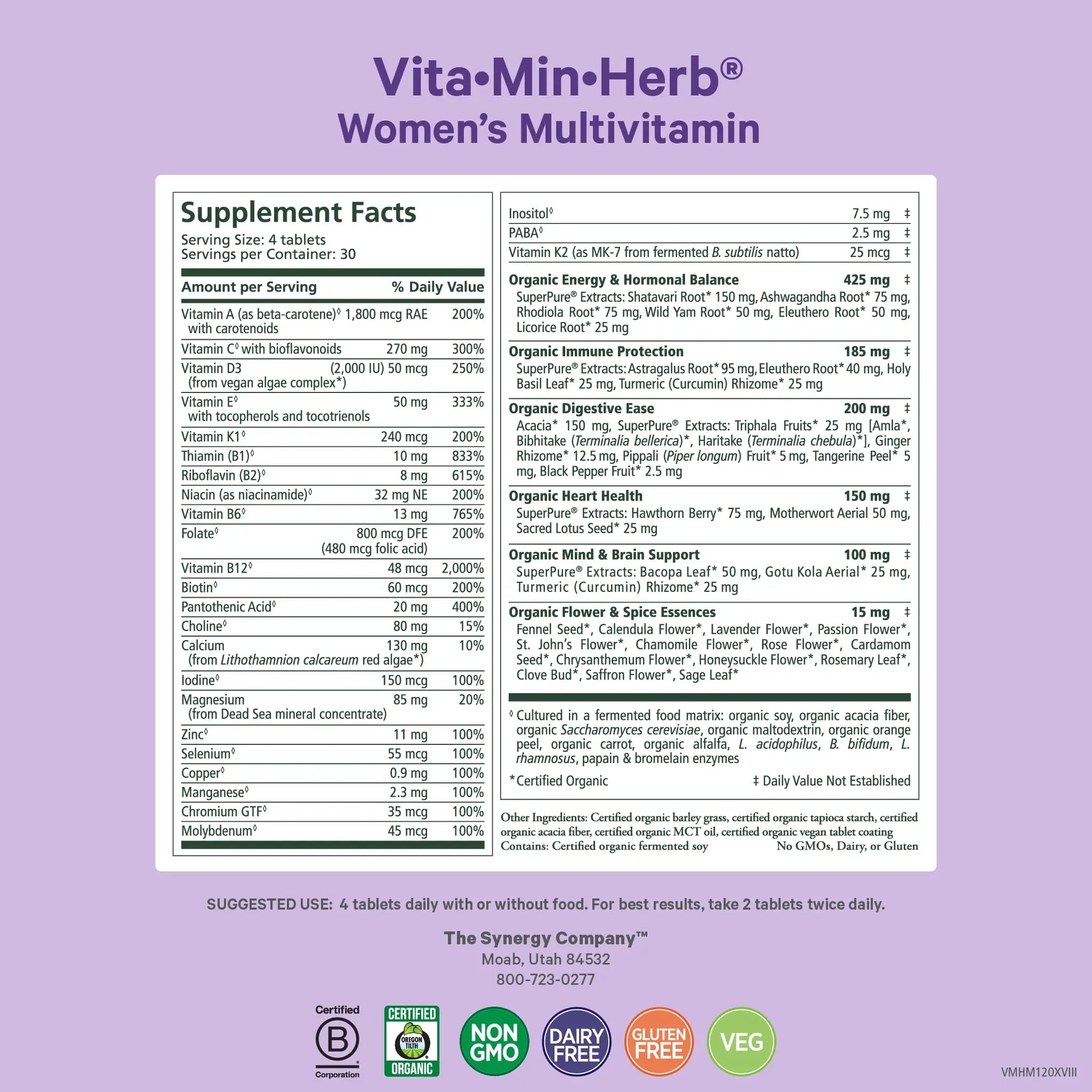 PURE SYNERGY Vita·Min·Herb for Women | Women’s Comprehensive Multivitamin Supplement | Made with Organic Whole Food Non-GMO & Vegan Ingredients | PURE SYNERGYAu supplements