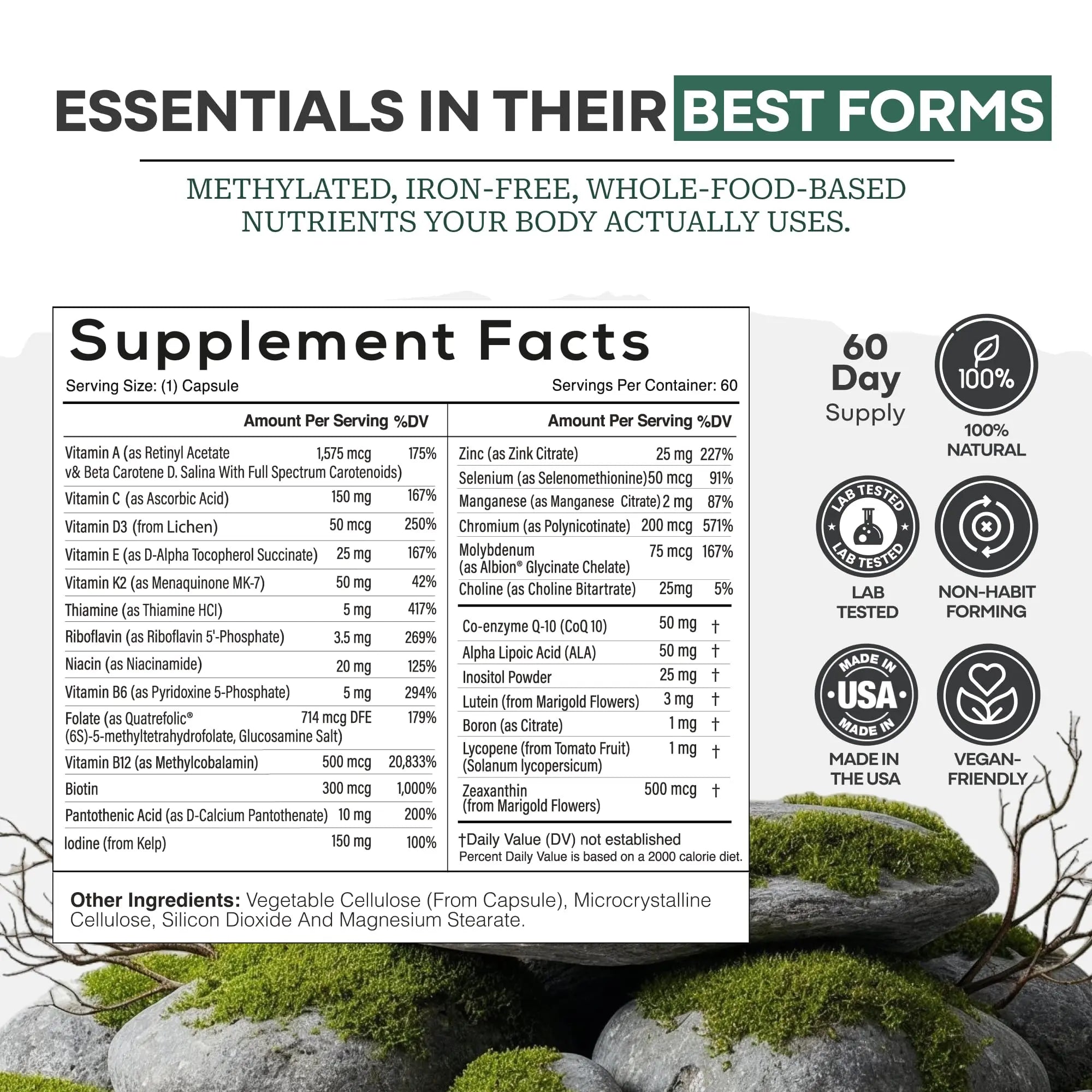 Wild Methylated Multivitamin for Women & Men | Daily Multi Vitamin | MTHFR Supplement Without Iron | Methylated B12, Folate, Vitamin C, A, K2, D, E Wild FoodsAu supplements