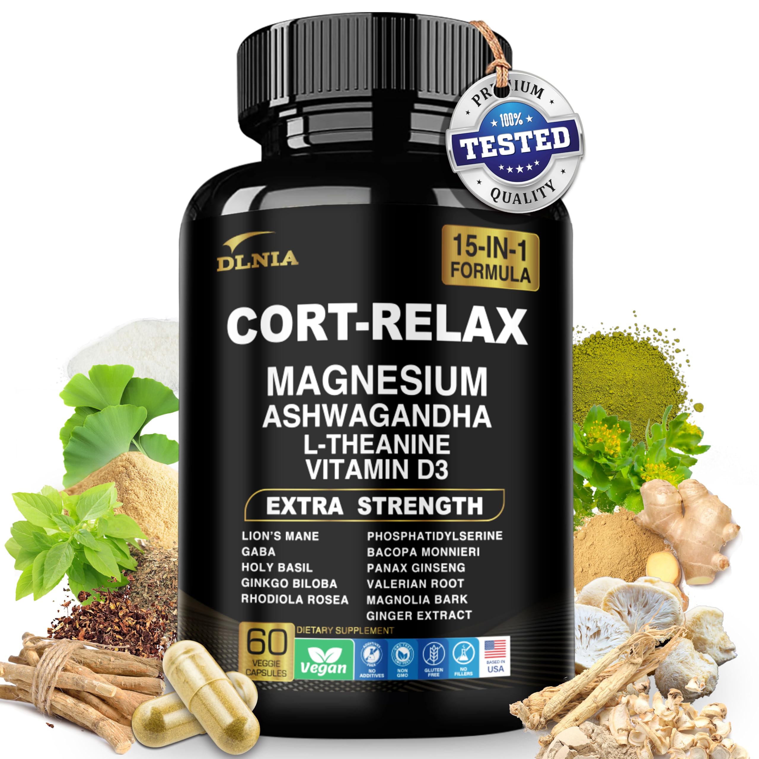 DLNIA Super Calm Cortisol Supplement with Magnesium Glycinate, Ashwagandha KSM-66, L-Theanine, Phosphatidylserine, Ginkgo Biloba & Lions Mane for Calm, Focus, Mental Clarity, Relaxation, Sleep, Energy DLNIAAu supplements