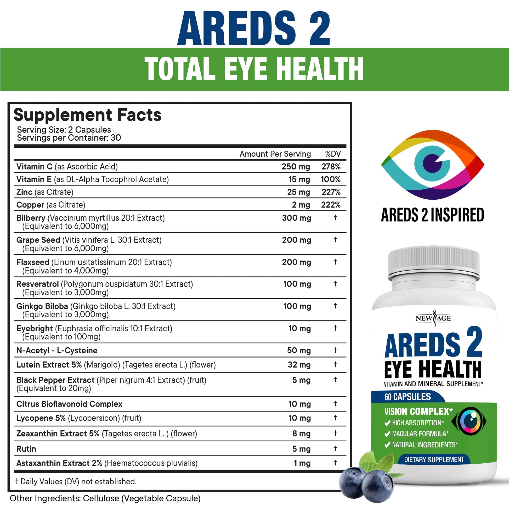 NEW AGE AREDS 2 Eye Vitamins - Lutein, Zeaxanthin, Bilberry, Astaxanthin Mineral Vision Supplement - 180 Count NEW AGEAu supplements