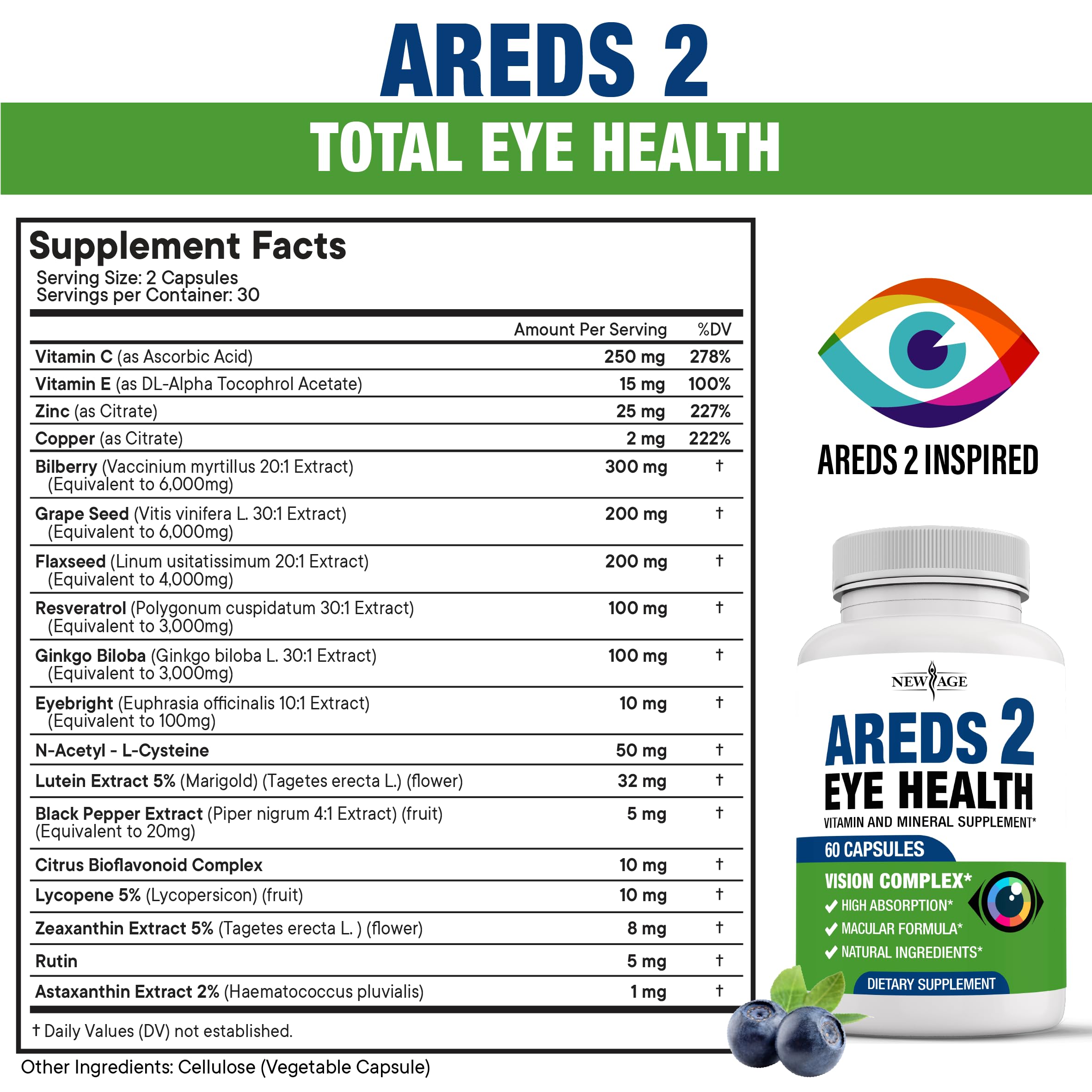 NEW AGE AREDS 2 Eye Vitamins - Lutein, Zeaxanthin, Bilberry, Astaxanthin Mineral Vision Supplement - 180 Count NEW AGEAu supplements