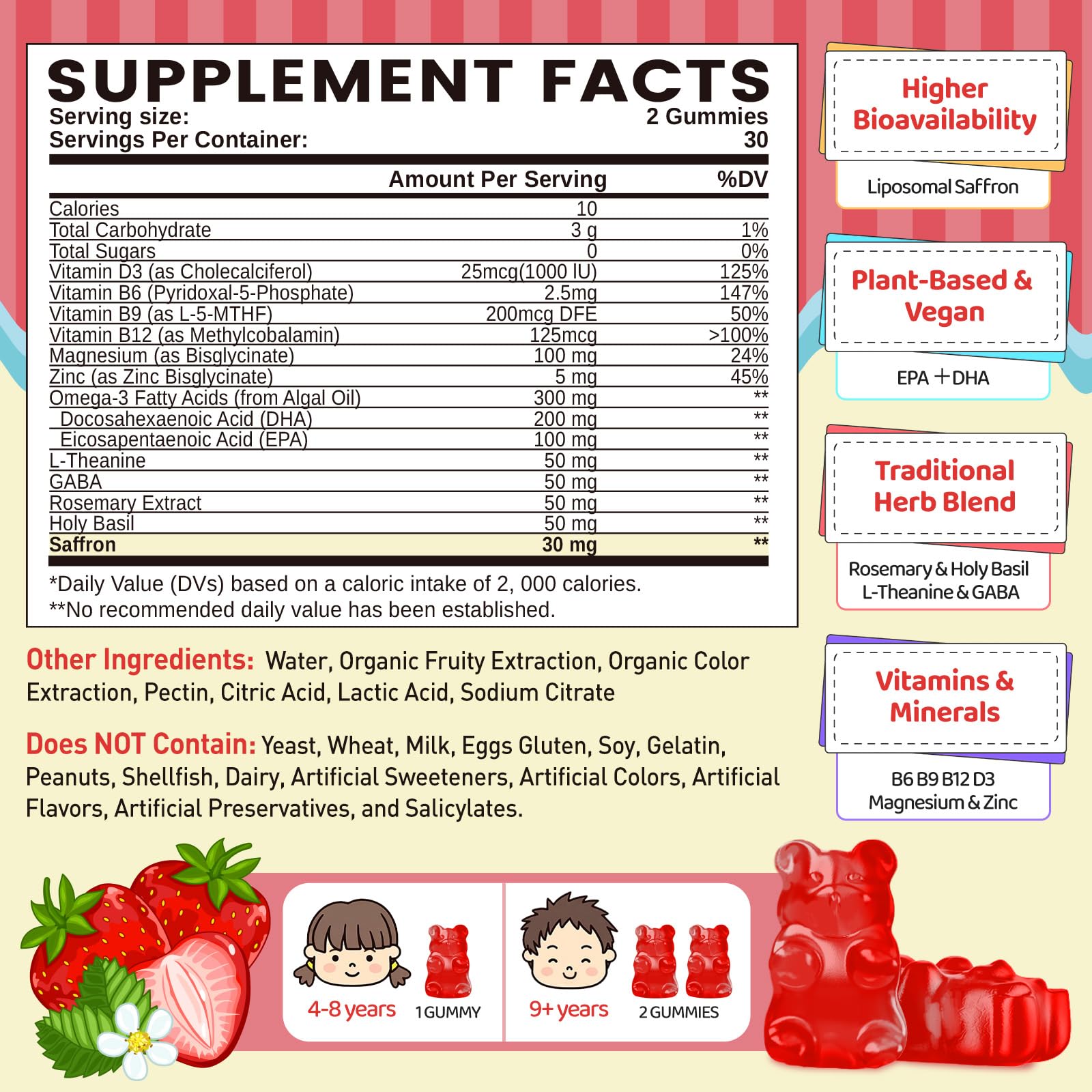 Liposomal Saffron Gummies for Kids 4+, Saffron Supplements w/Holy Basil, Rosemary, Magnesium Glycinate, Omega-3 & More, Brain Focus Support Supplement, Vegan, Organic, Sugar Free, 60 Chewables duwhotAu supplements