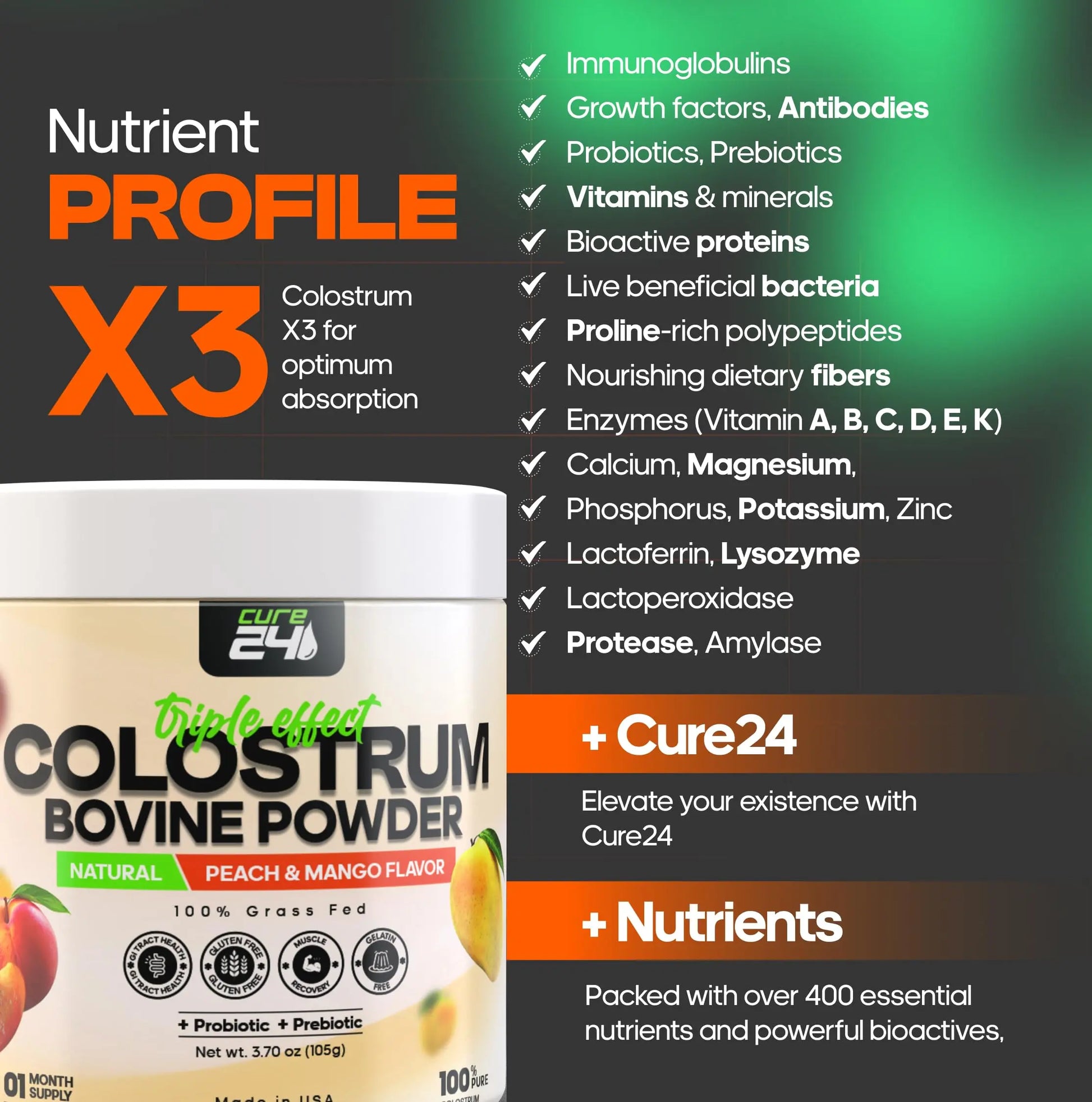 Cure24 Bovine X3 Colostrum Supplement Powder for Humans, 100% Pure Whole Natural Grass Fed Superfood, High IgG, Plus Probiotic & Prebiotic, Natural Peach-Mango Flavor, Made in USA Cure24nz supplements
