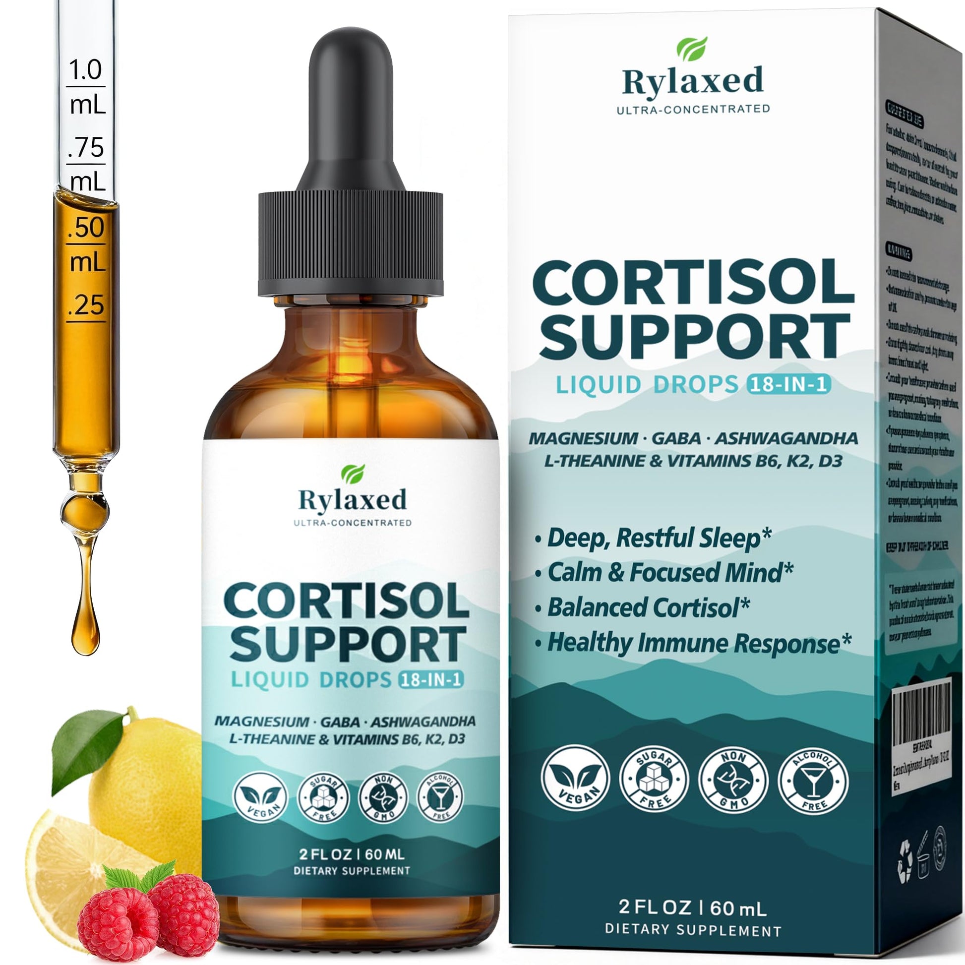 Cortisol Supplements for Women & Men, 18 in 1 Stress & Mood Support Drops with Magnesium 480mg, GABA, Ashwagandha, L-Theanine & Phosphatidylserine, for Relaxation & Sleep, Lemon Raspberry Flavor 60mL RylaxedAu supplements