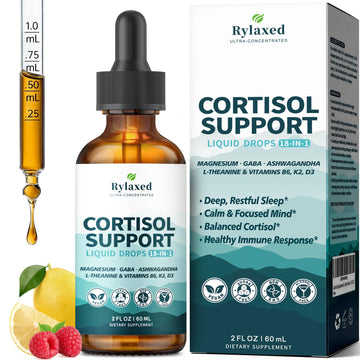 Cortisol Supplements for Women & Men, 18 in 1 Stress & Mood Support Drops with Magnesium 480mg, GABA, Ashwagandha, L-Theanine & Phosphatidylserine, for Relaxation & Sleep, Lemon Raspberry Flavor 60mL RylaxedAu supplements