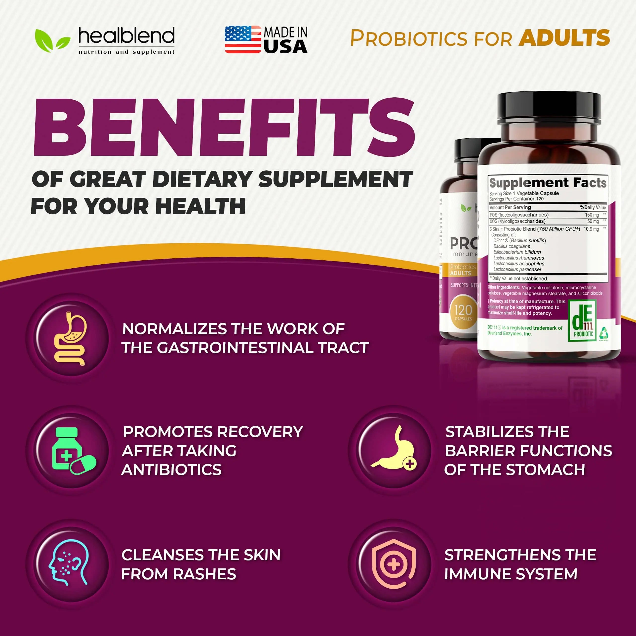 healblend Probiotic Caps Dietary Supplement Capsules, Probiotic for Women and for Men Digestive Health, Immune System Support, Non-GMO, Gluten-Free, 120 Veg Caps healblendnz supplements
