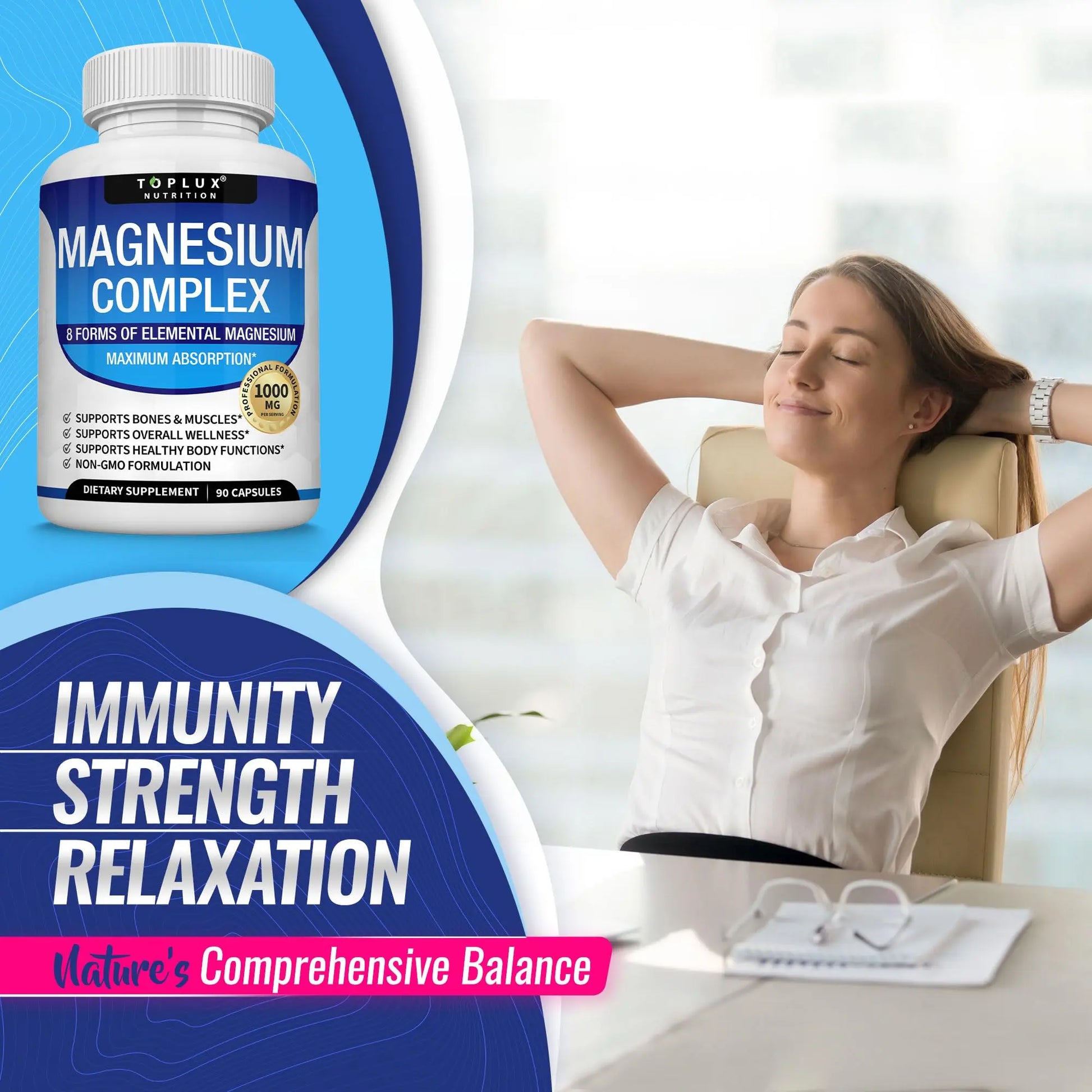 Magnesium Complex Supplement 8 Elemental 1000mg - Magnesium Glycinate, Citrate, Malate, Taurate, Chelated for Easy Absorption for Bones, Muscle, Recovery, Energy, Vegan Non-GMO 90 Capsules Topluxnz supplements