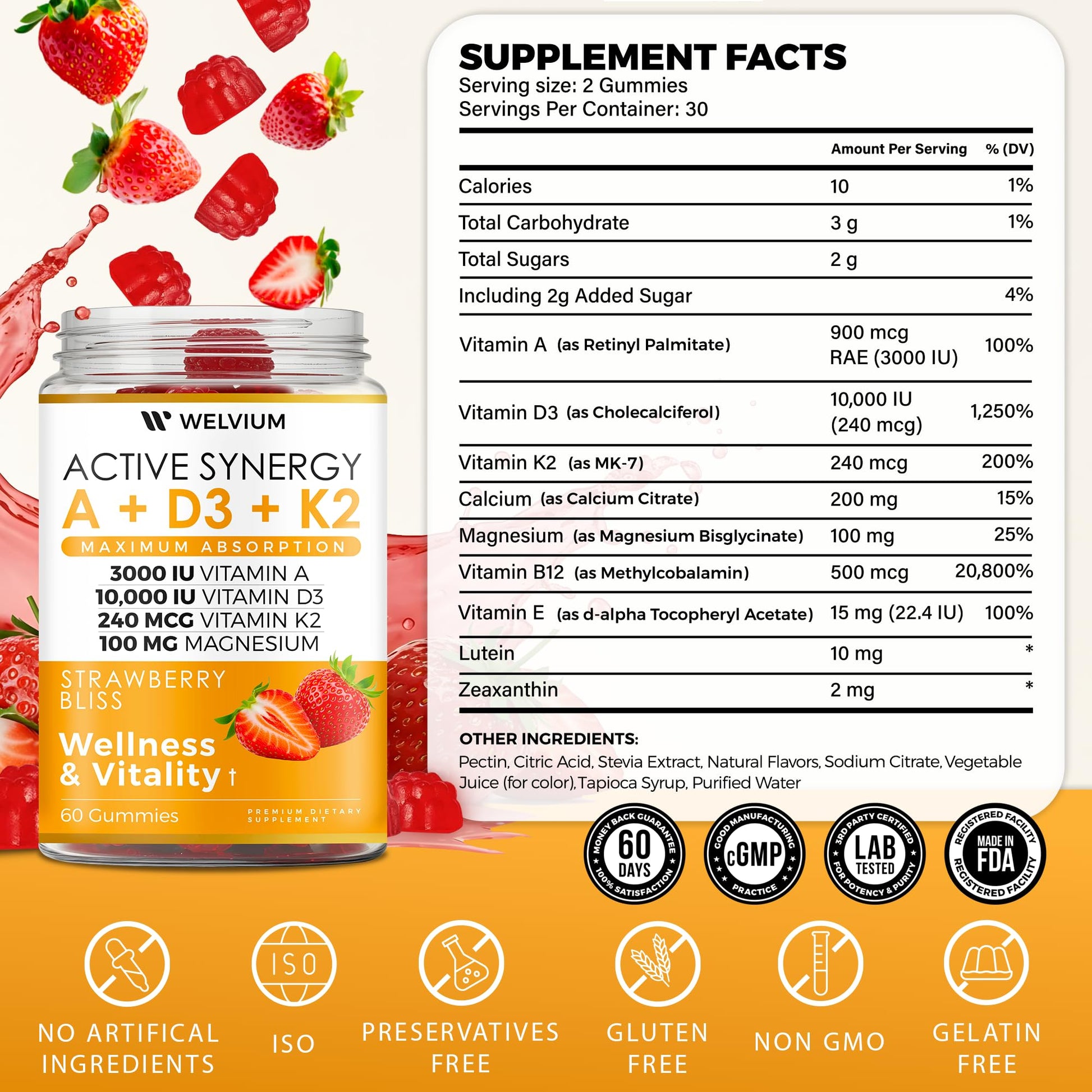 WELVIUM Vitamin D3 K2 Gummies 10000 IU with Magnesium Glycinate, Calcium, B12, K2 MK-7, Vitamins A, E, Lutein, Zeaxanthin - ADK Chewable Supplement for Bone, Eye, Immune Support - D3K2 Gummies WELVIUMAu supplements