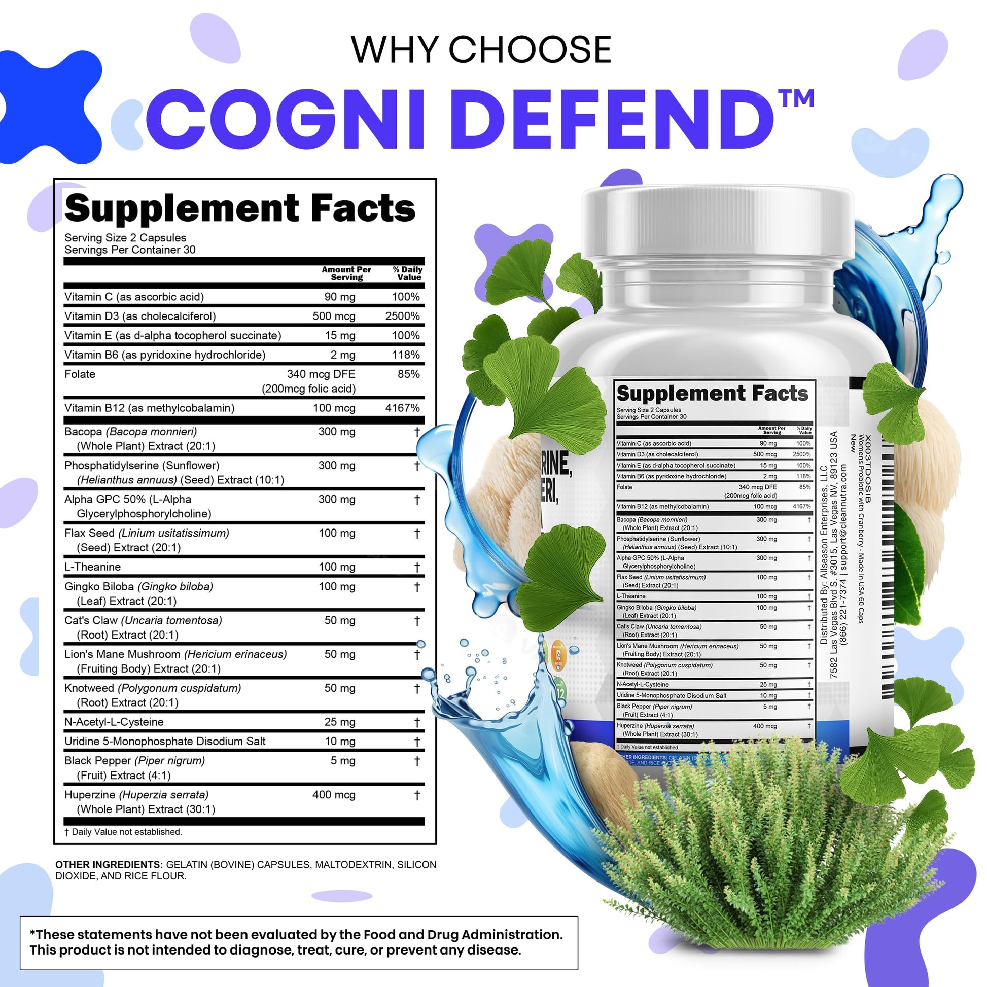 Brain Supplement Alpha GPC 300mg Phosphatidylserine Bacopa Monnieri Ginkgo Biloba Lions Mane Huperzine A L-Theanine NAC Nootropic Memory Focus Cognitive Support Vitamins B C D E 60 Capsules USA Clean NutraceuticalsAu supplements