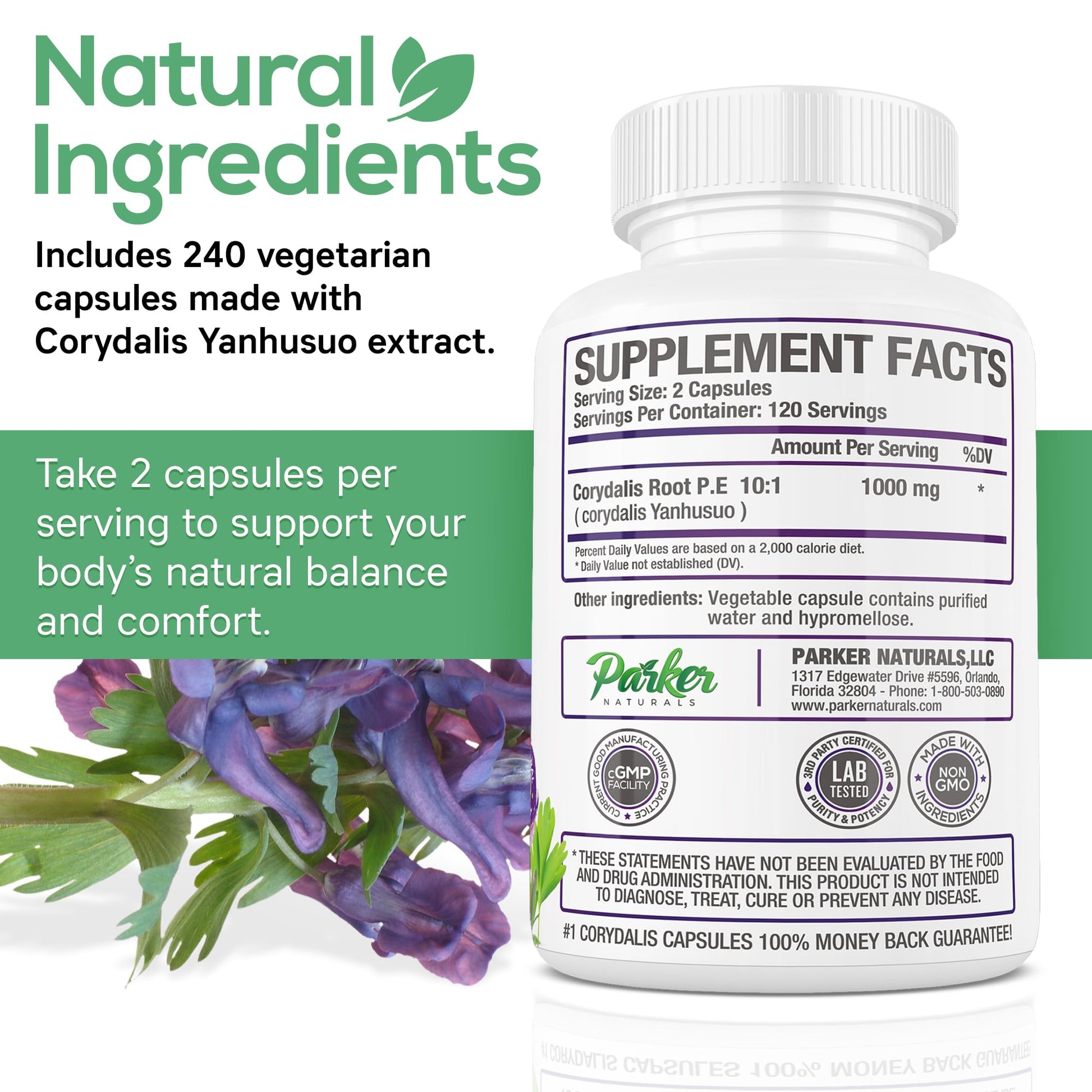 Parker Naturals Pure Corydalis Root Extract Capsule - 1000mg Strength, 10:1 Corydalis Yanhusuo Extract, Natural Relief, Long Lasting, 100% Vegetarian, 120 Servings, 240 Count Parker NaturalsAu supplements