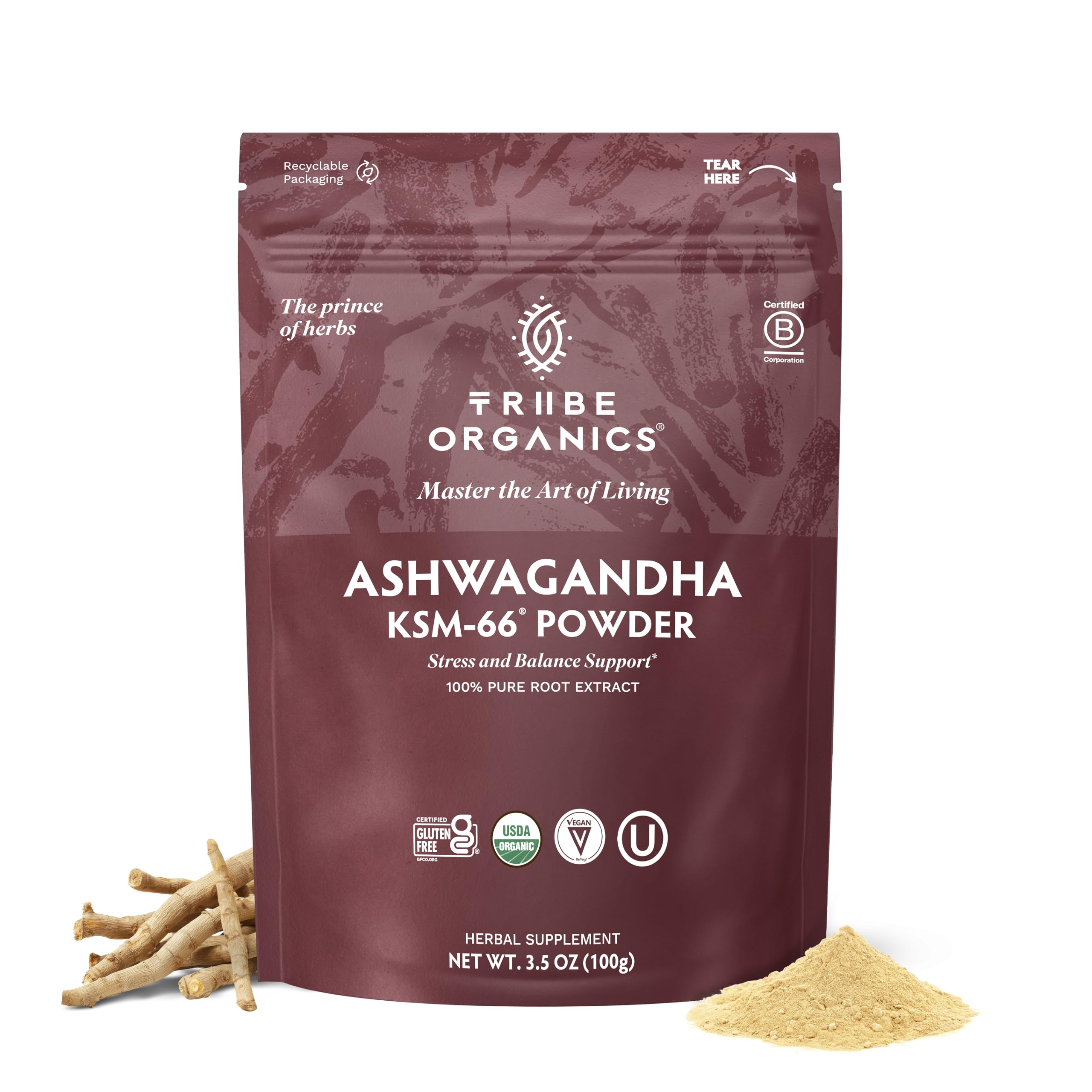 TRIBE ORGANICS KSM-66 Ashwagandha Root Extract Powder Ayurvedic Herb for Mood Support | Increase Energy | Strength - Organic | Natural | Gluten Free | Non GMO | Full-Spectrum - 100g Pouch TRIBE ORGANICSAu supplements