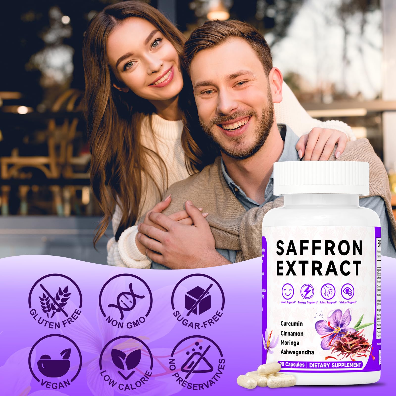 Happy Saffron Supplements, 100mg Saffron Extract, Saffron Blend with Turmeric & Ashwagandha, Supports Mood, Focus, and Energy Boost, 90 Capsules MossllyAu supplements