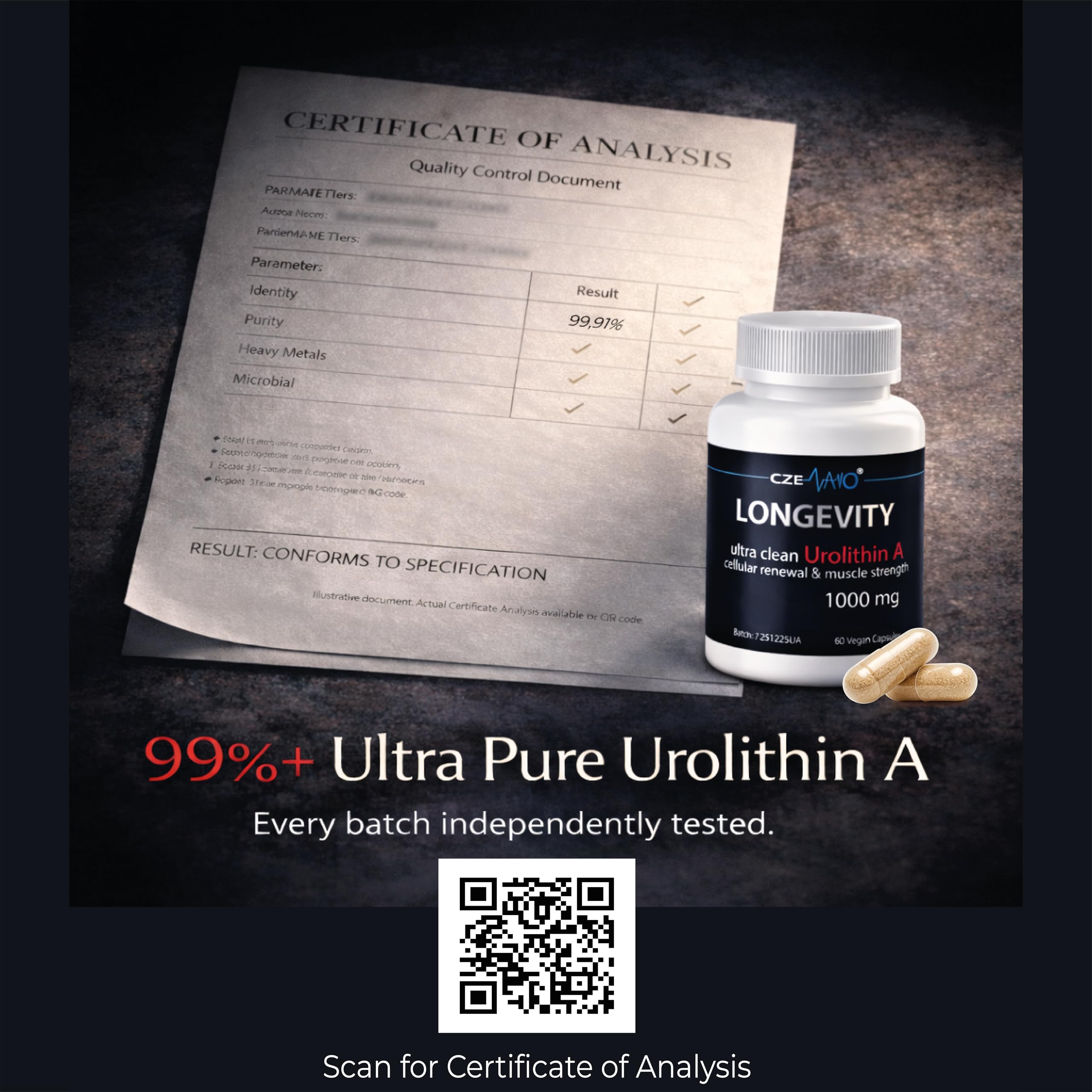 CzeNano Longevity – Ultra-Pure Urolithin A Supplement 1000 mg | Mitochondrial Support, Cellular Energy & Muscle Strength | Third-Party Tested COA | 60 Vegan Capsules CzeNanoAu supplements
