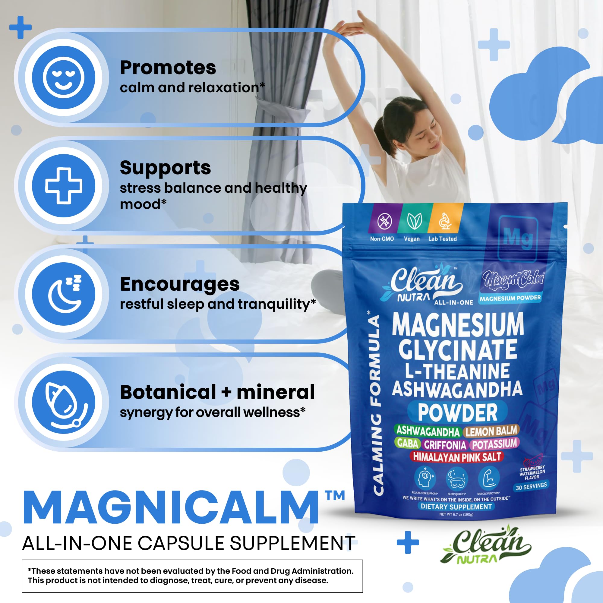 Magnesium Glycinate Powder Supplement + L Theanine Ashwagandha Glycine Apigenin Lemon Balm GABA 5HTP Pink Salt Potassium L Tryptophan Calcium | Powdered Sleep Aid Calm Trace Minerals Vitamin Clean NutraceuticalsAu supplements
