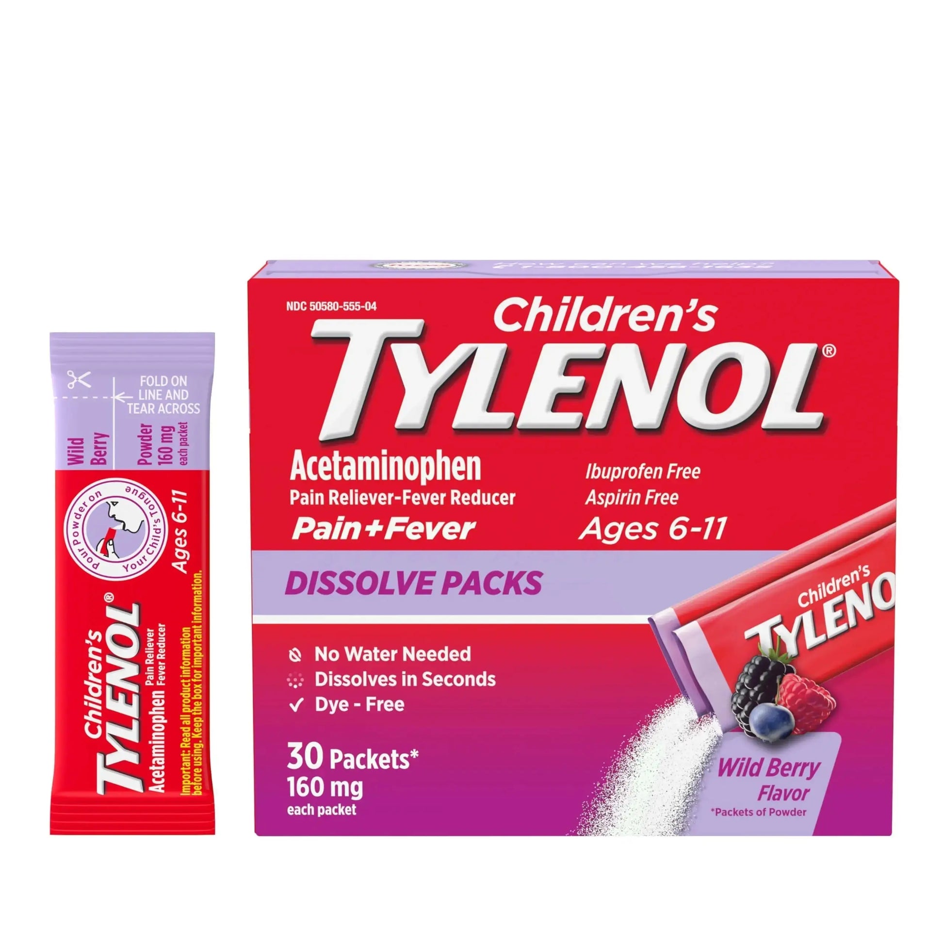 Children's Tylenol Dissolve Packs for Pain Relief, Fever Medication, 160 mg Acetaminophen, Dye Free, Kids' Powder Packets for Cold & Flu Symptom Relief; Wild Berry Flavor, 30 ct.; Pack of 1 TylenolAu supplements