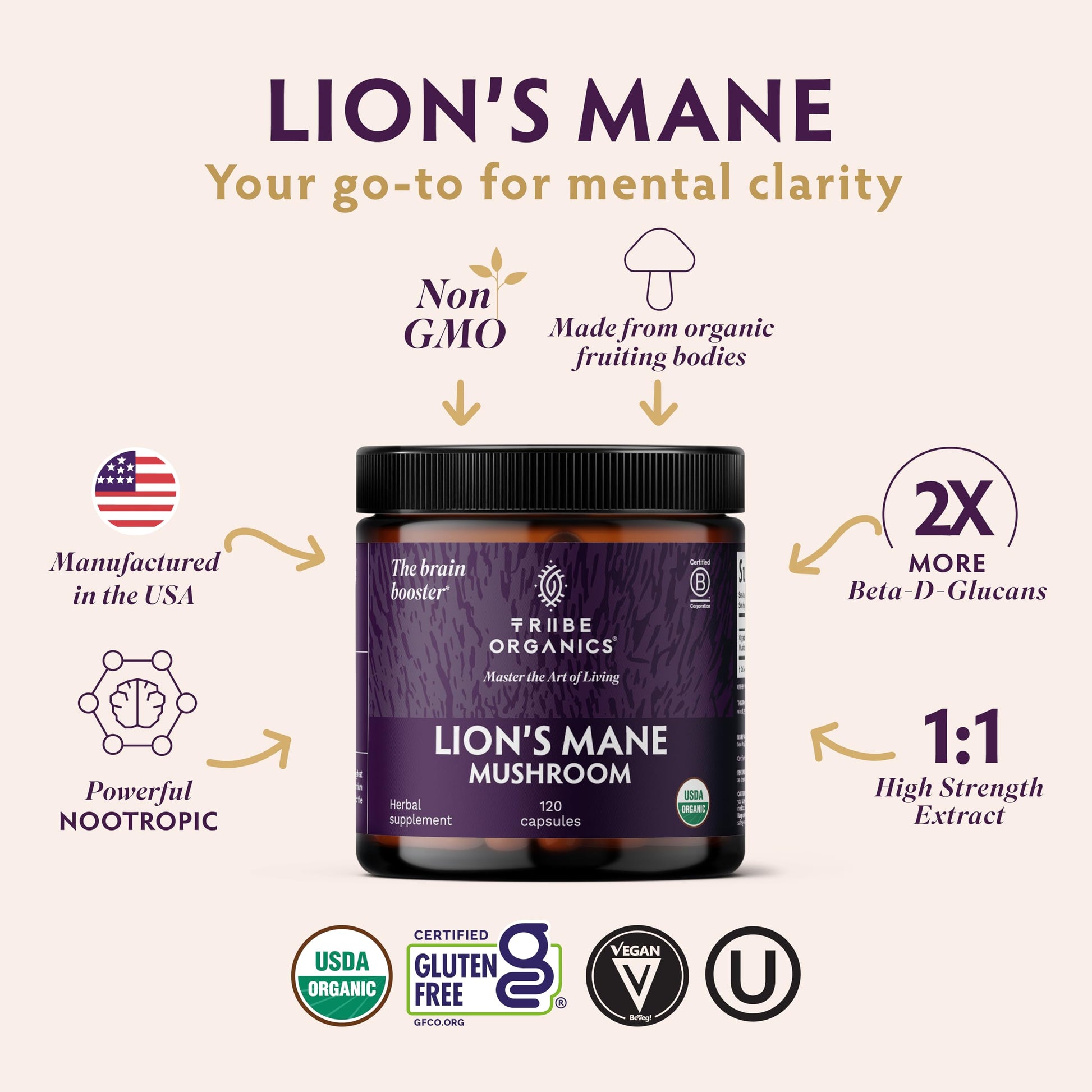 TRIBE ORGANICS Lion’s Mane Supplement 1000mg Mushroom Extract Powder - Immune System Booster & Brain Nootropic for Focus and Memory | Mental Clarity | Natural Energy and Immunity - 120 Vegan Capsules TRIBE ORGANICSAu supplements
