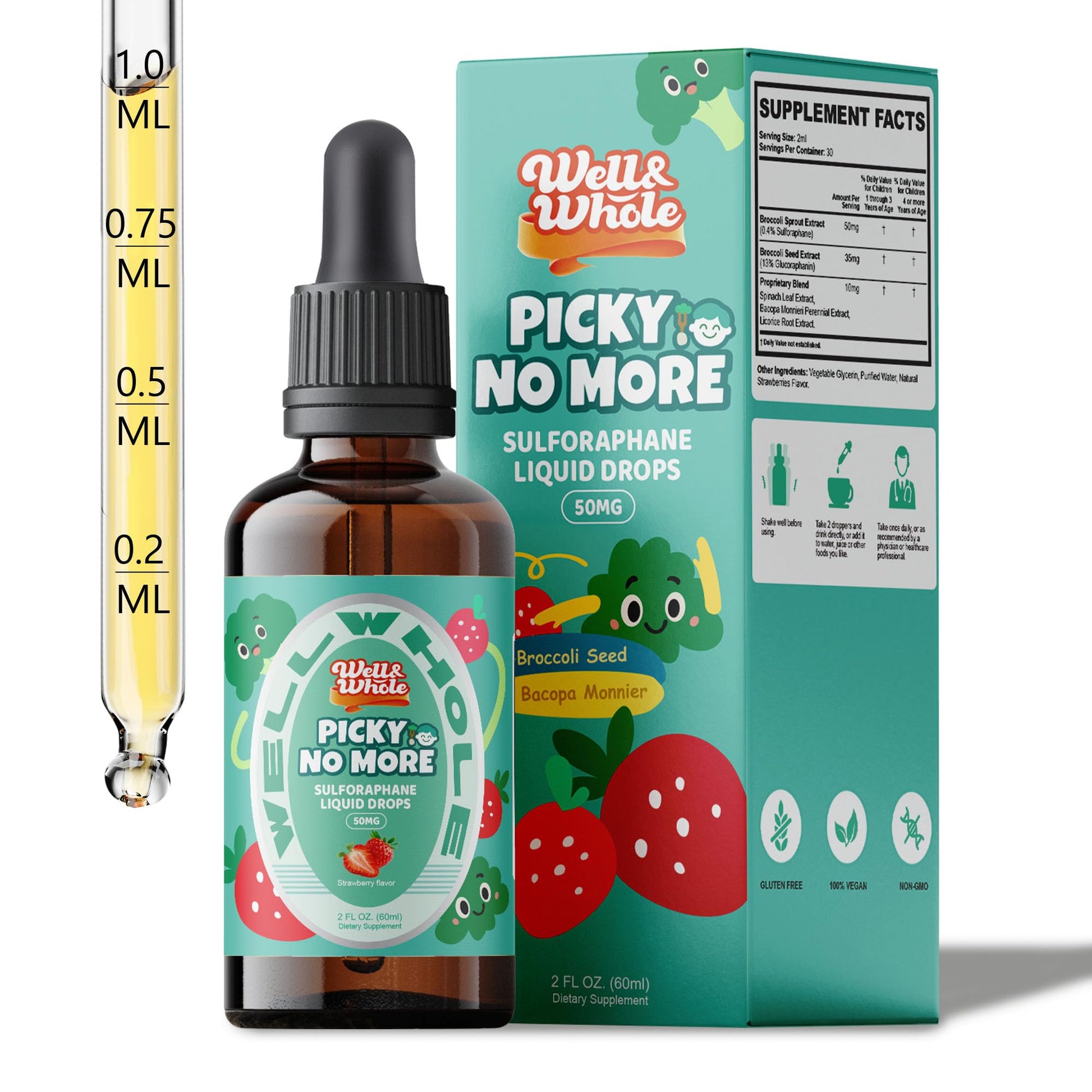 Well&Whole Sulforaphane Kids Liquid Supplement – Pick No More Broccoli Sprout Extract Drops, Hidden Greens for Picky Eaters, Daily Nutrition Support, Sugar-Free, Vegan, 60mL Well&WholeAu supplements